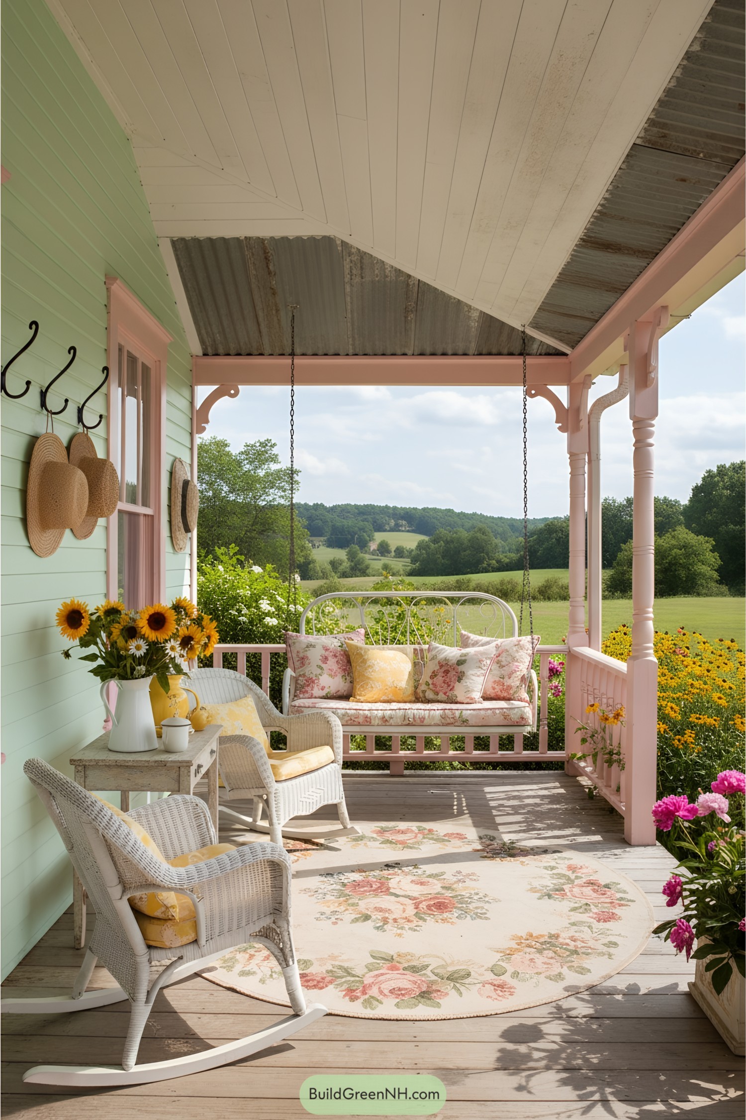 Countryside porch with floral décor and sunflower bouquet