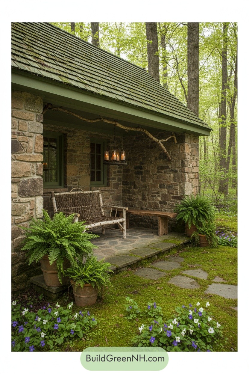 Rustic porch with stone walls, wooden bench, and lush greenery