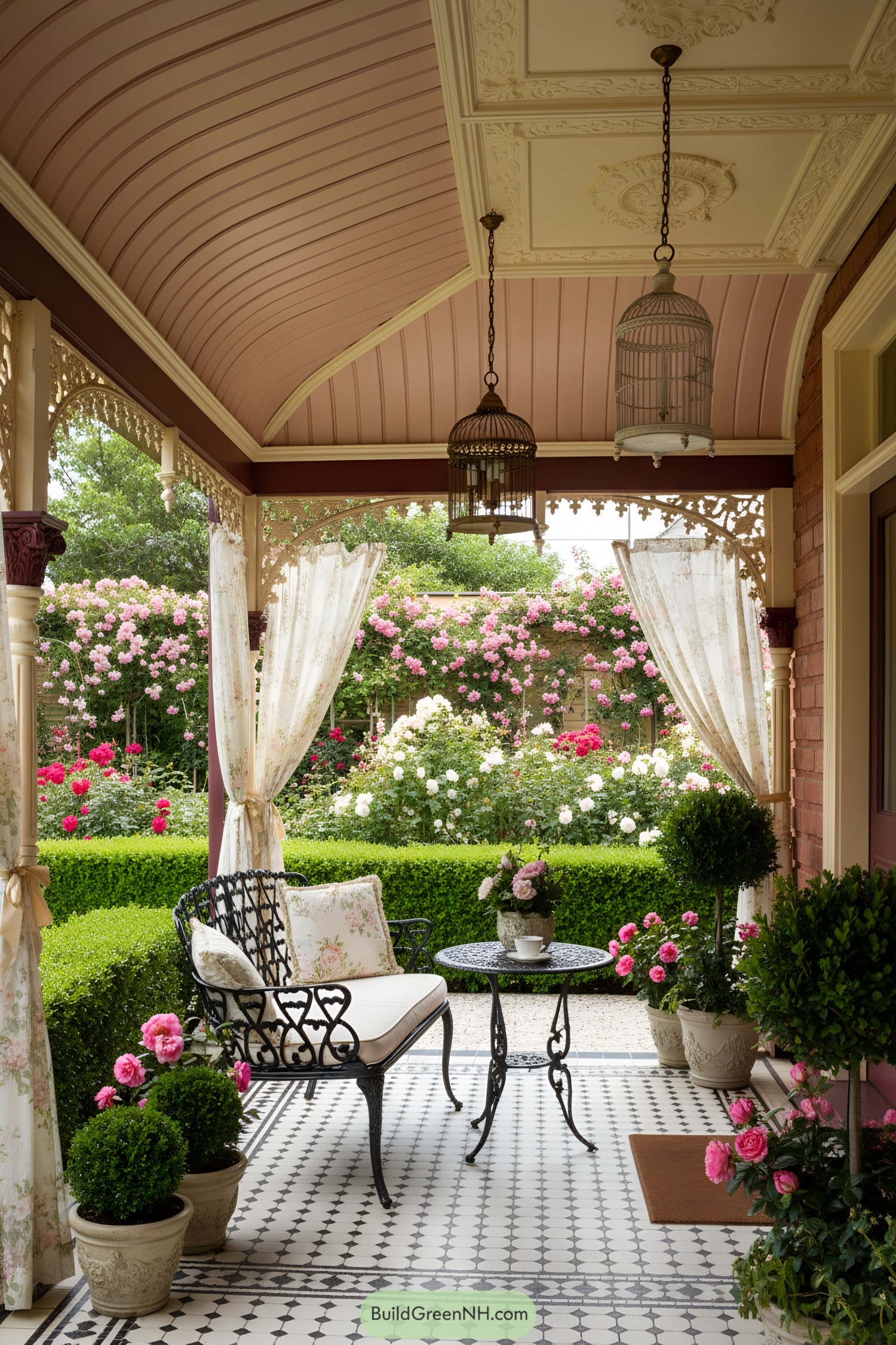 Quaint porch with floral accents and vintage charm