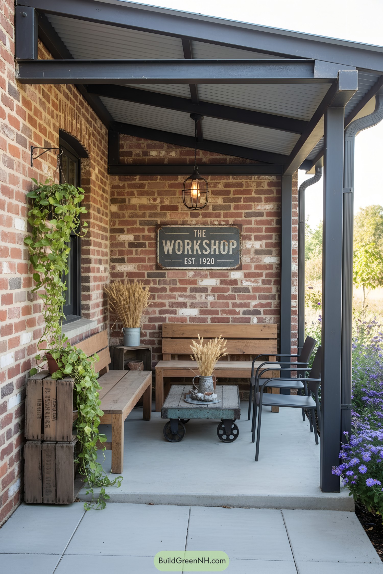 Cozy porch with brick walls, wooden benches, and hanging plants