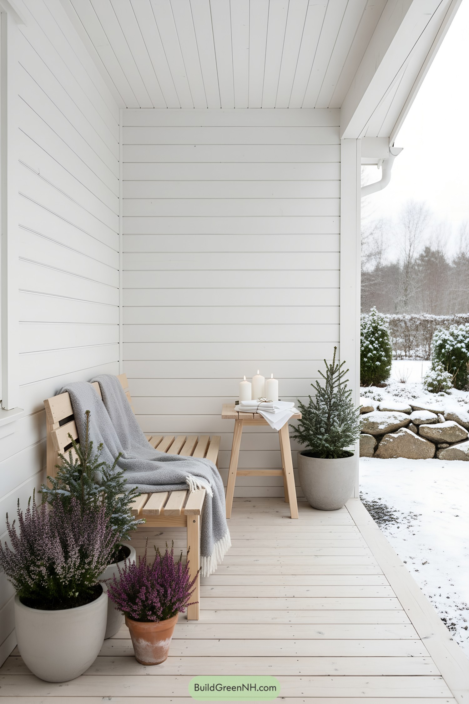 Scandinavian-style porch with plants and a bench