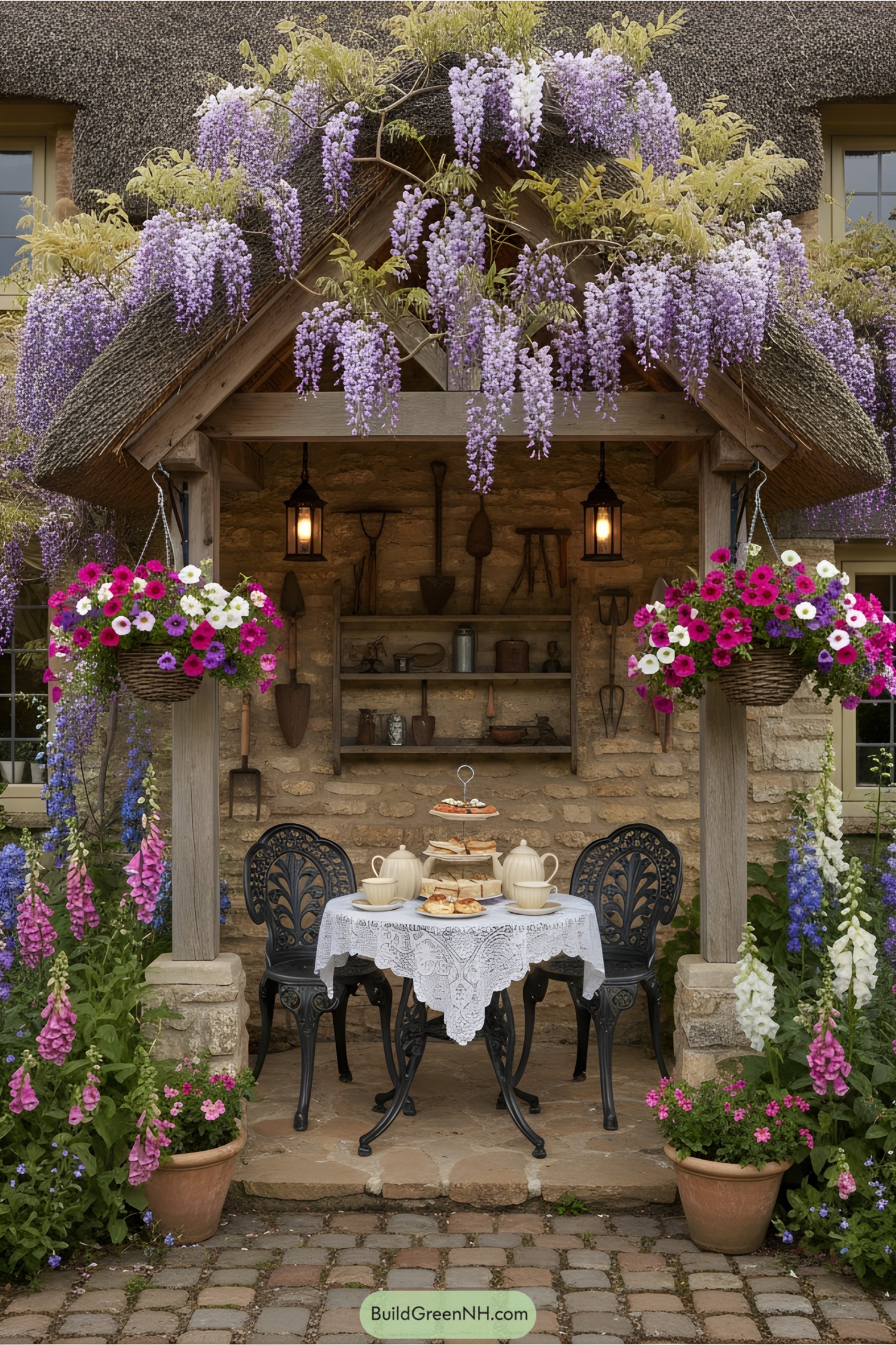 Cottage porch adorned with vibrant flowers and vintage decor