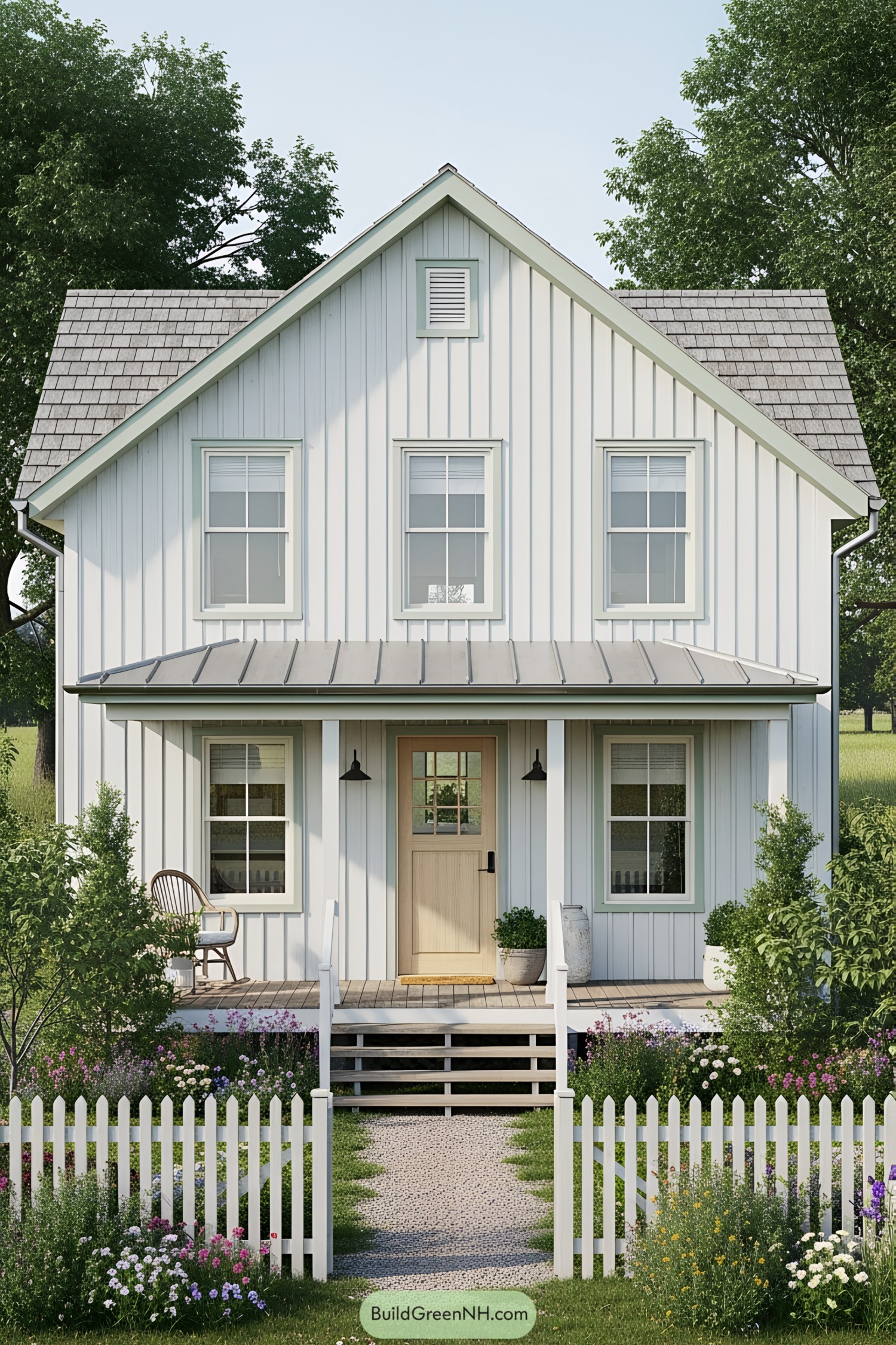 Idyllic countryside house with white picket fence