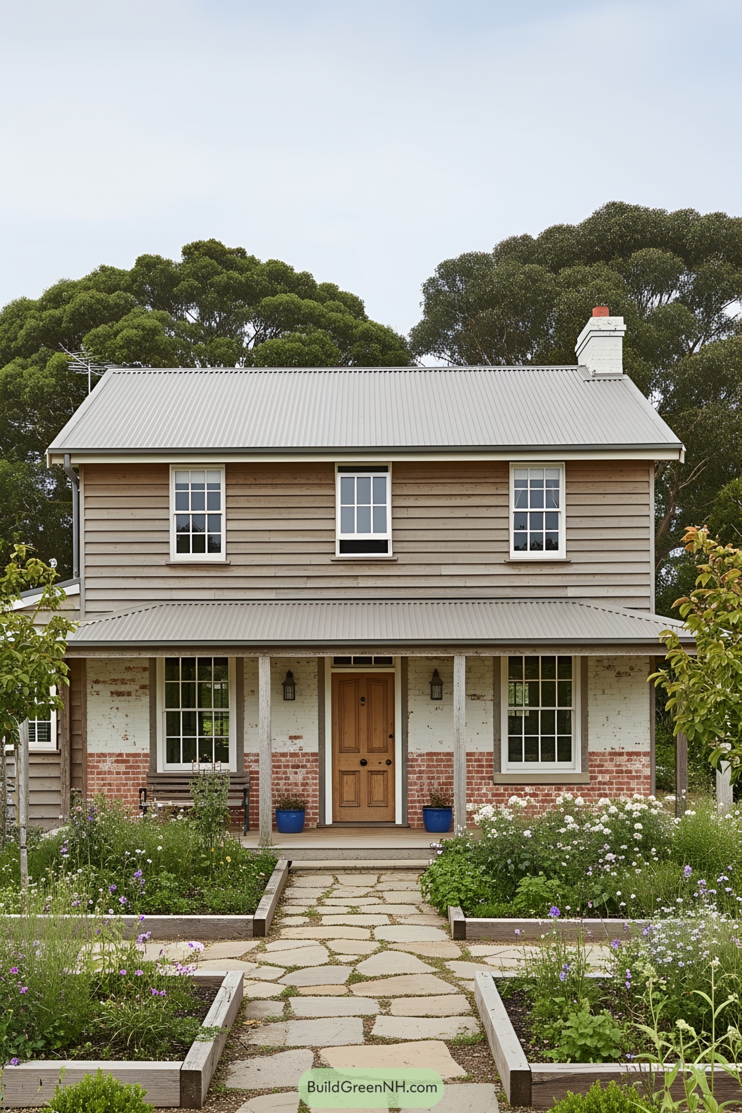 Charming two-story cottage surrounded by lush greenery