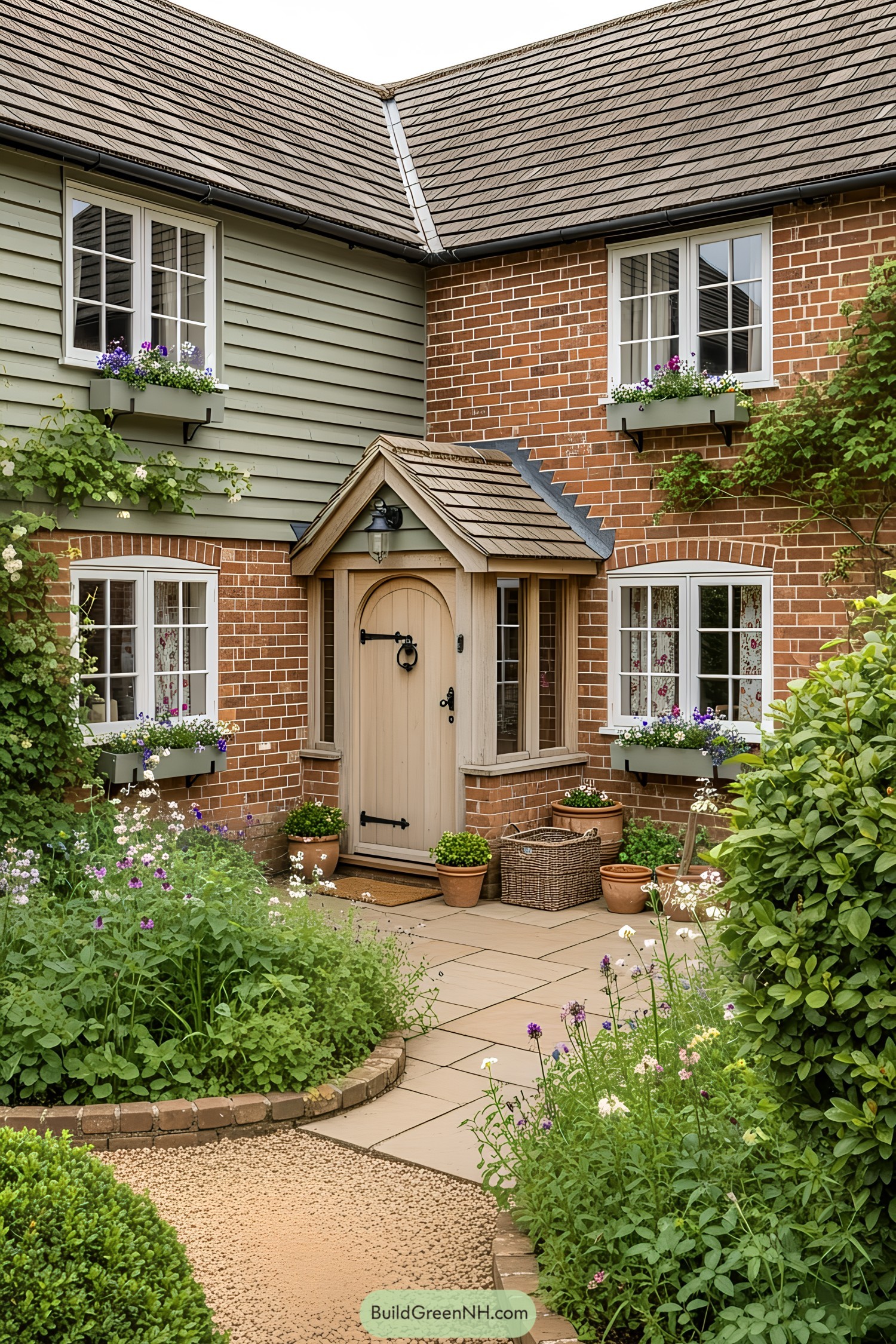 Charming farmhouse with brick facade and lush garden