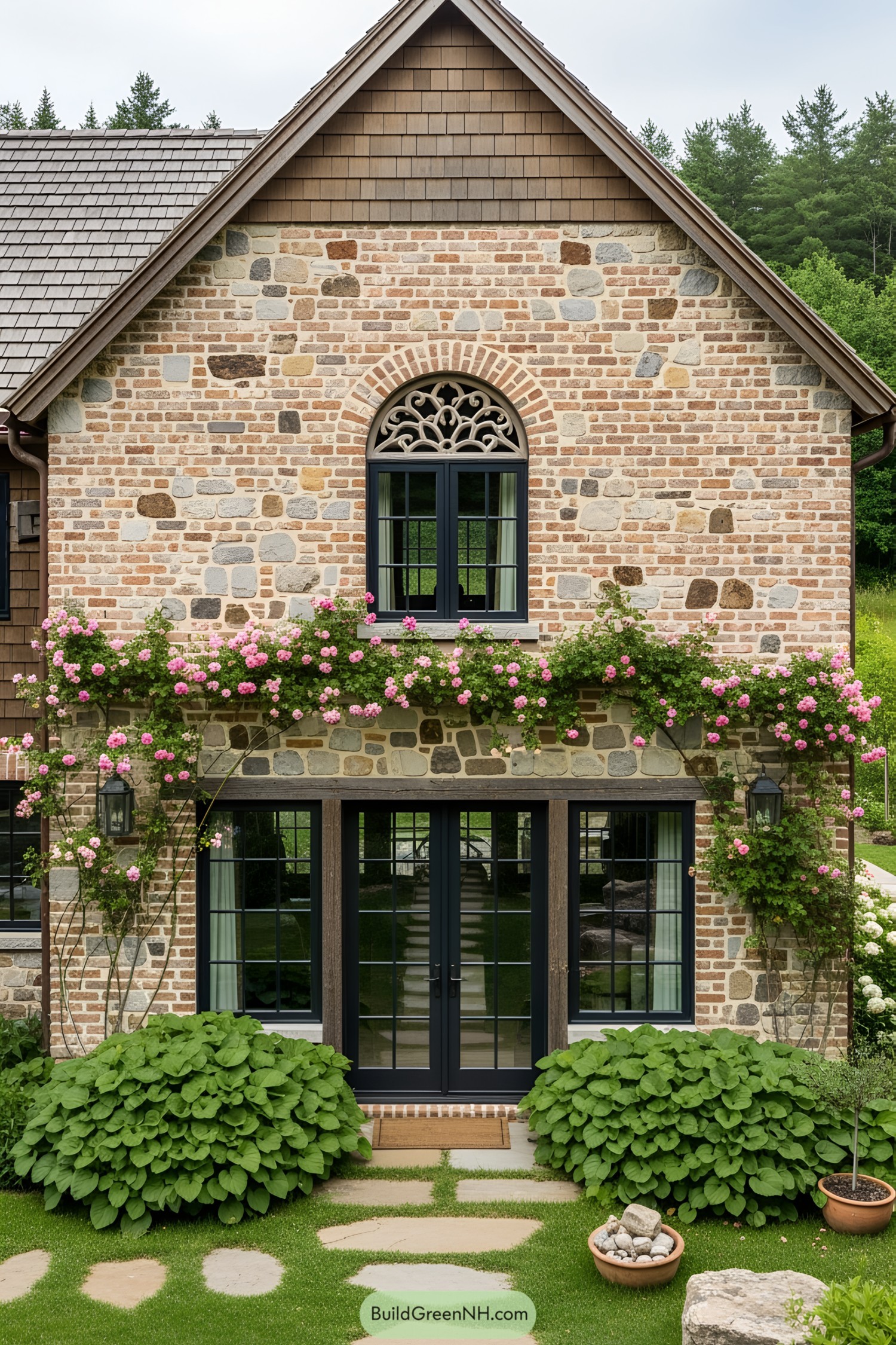 Charming brick farmhouse with arched windows and climbing roses