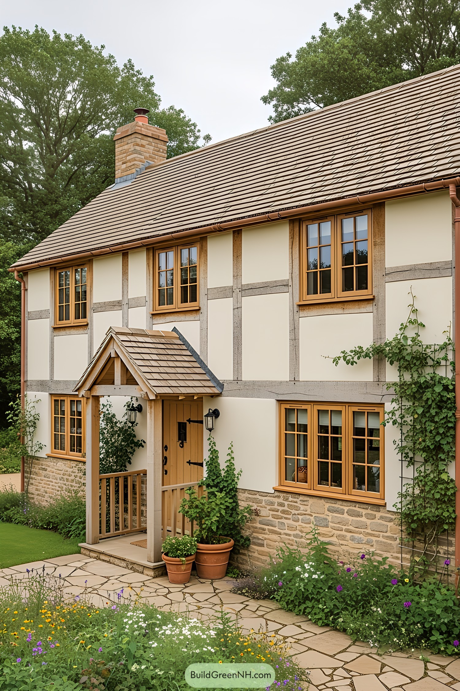 Cottage surrounded by greenery with a stone path