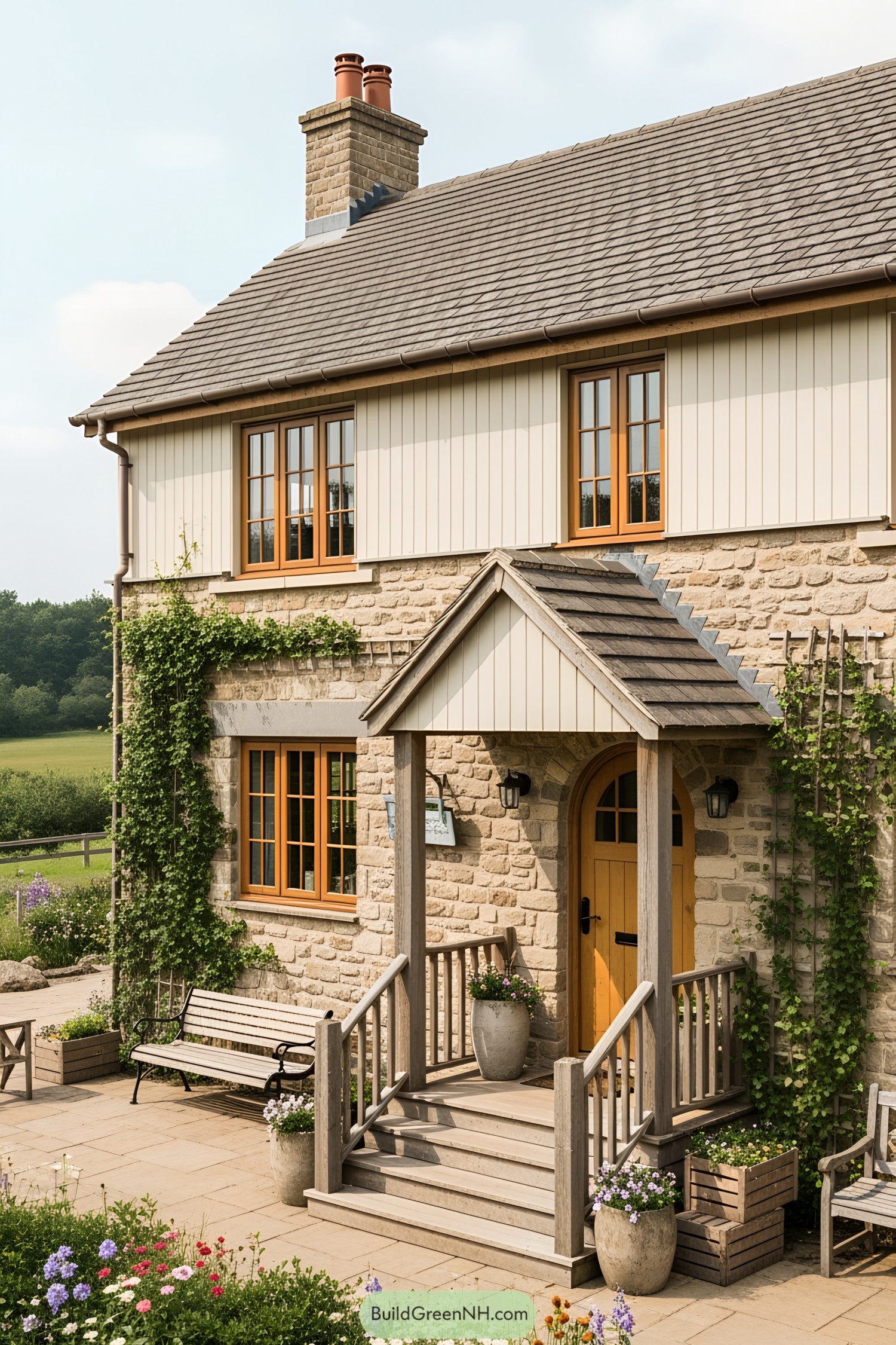 Quaint farmhouse with a stone exterior and lush garden
