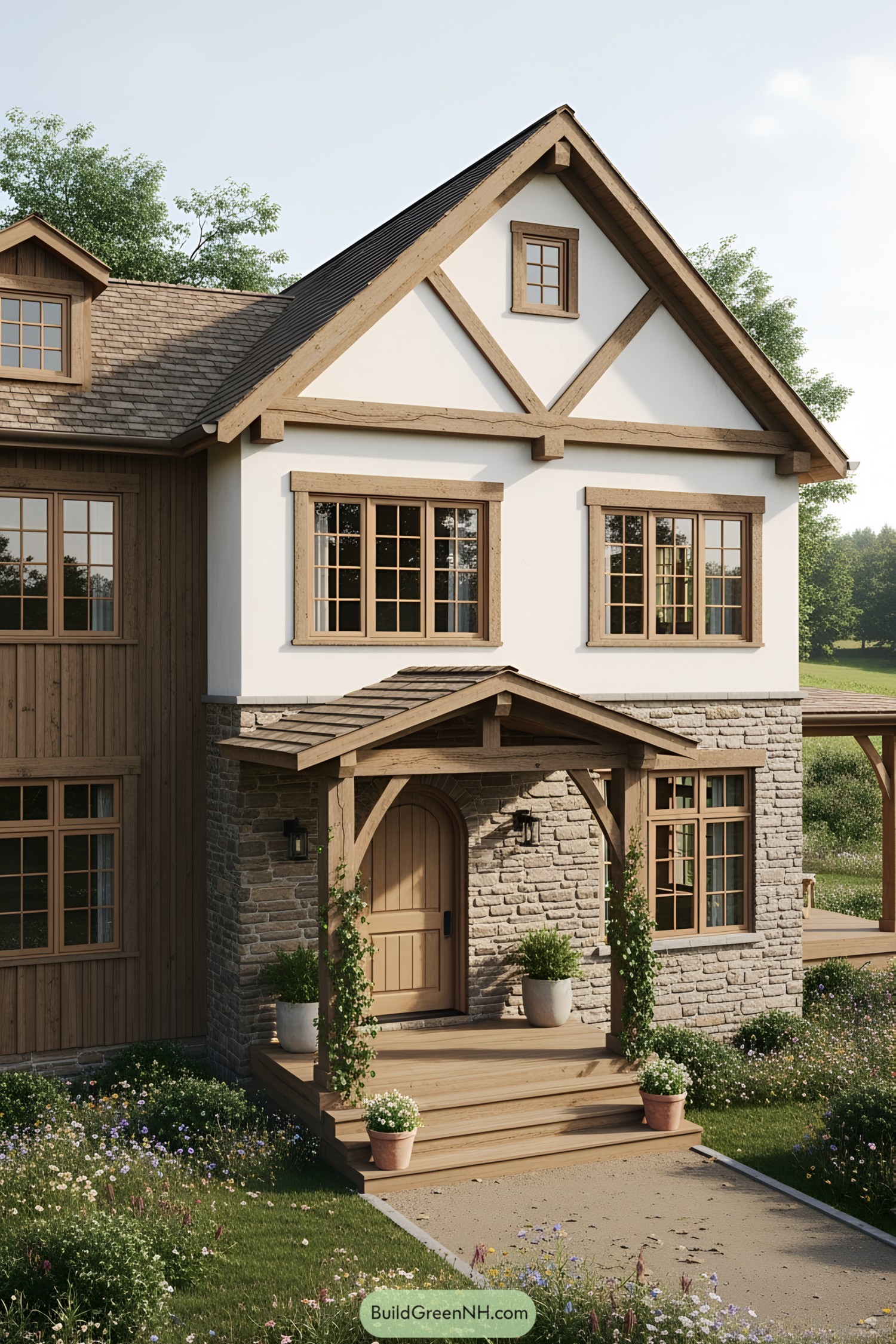 Idyllic cottage with rustic wooden accents surrounded by wildflowers