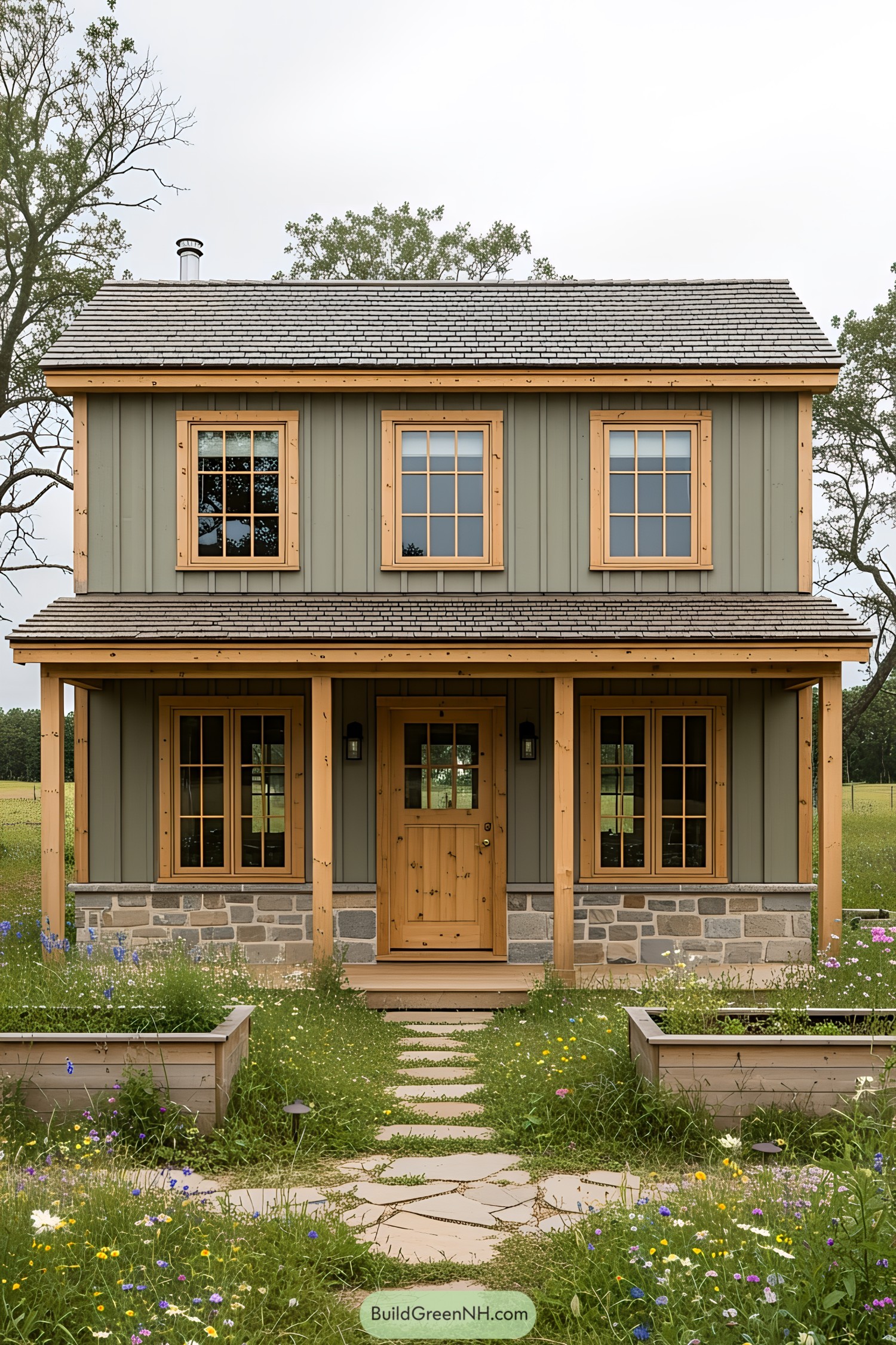 A rustic farmhouse with wooden accents amidst a wildflower garden