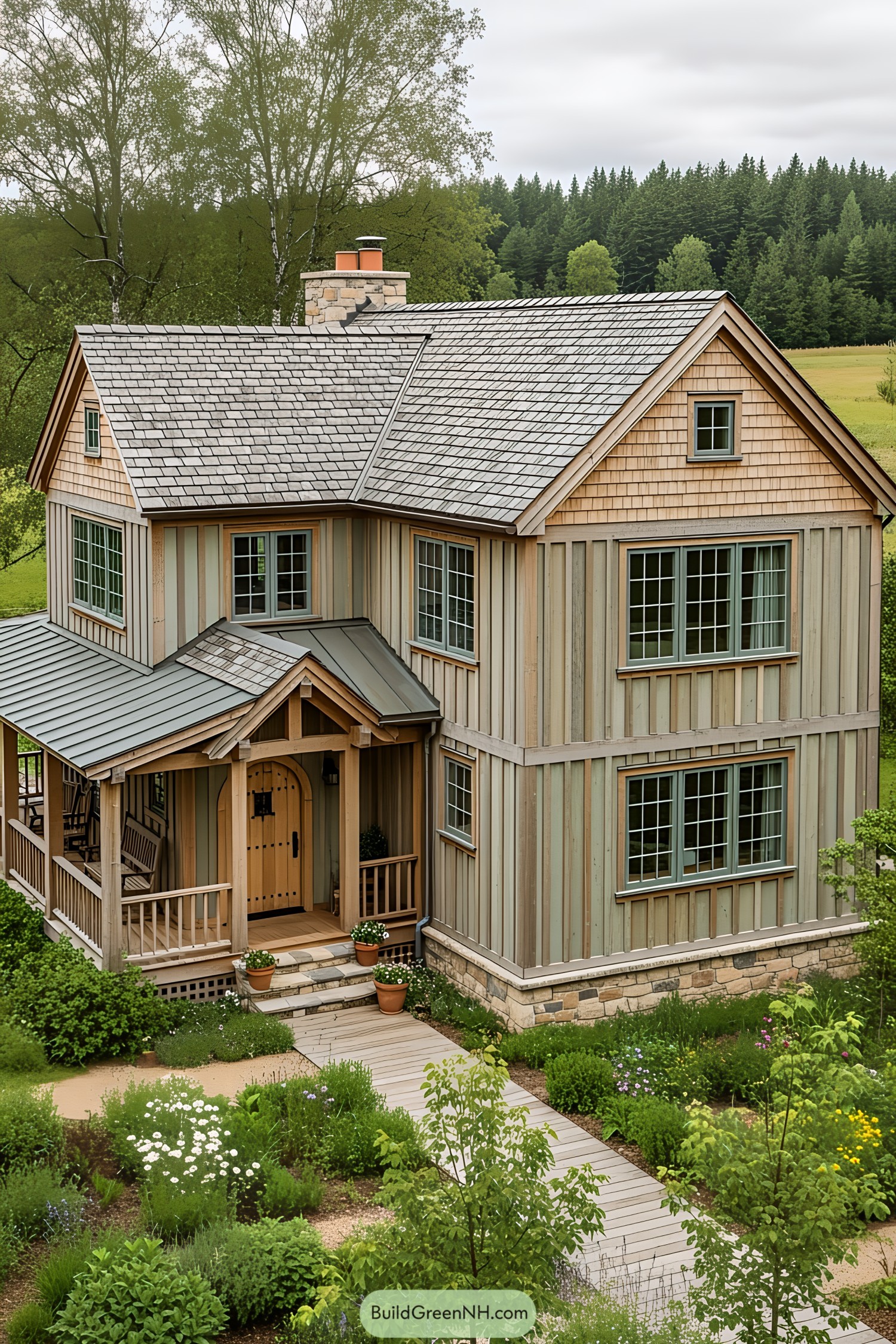 Charming farmhouse with wooden exterior surrounded by lush garden
