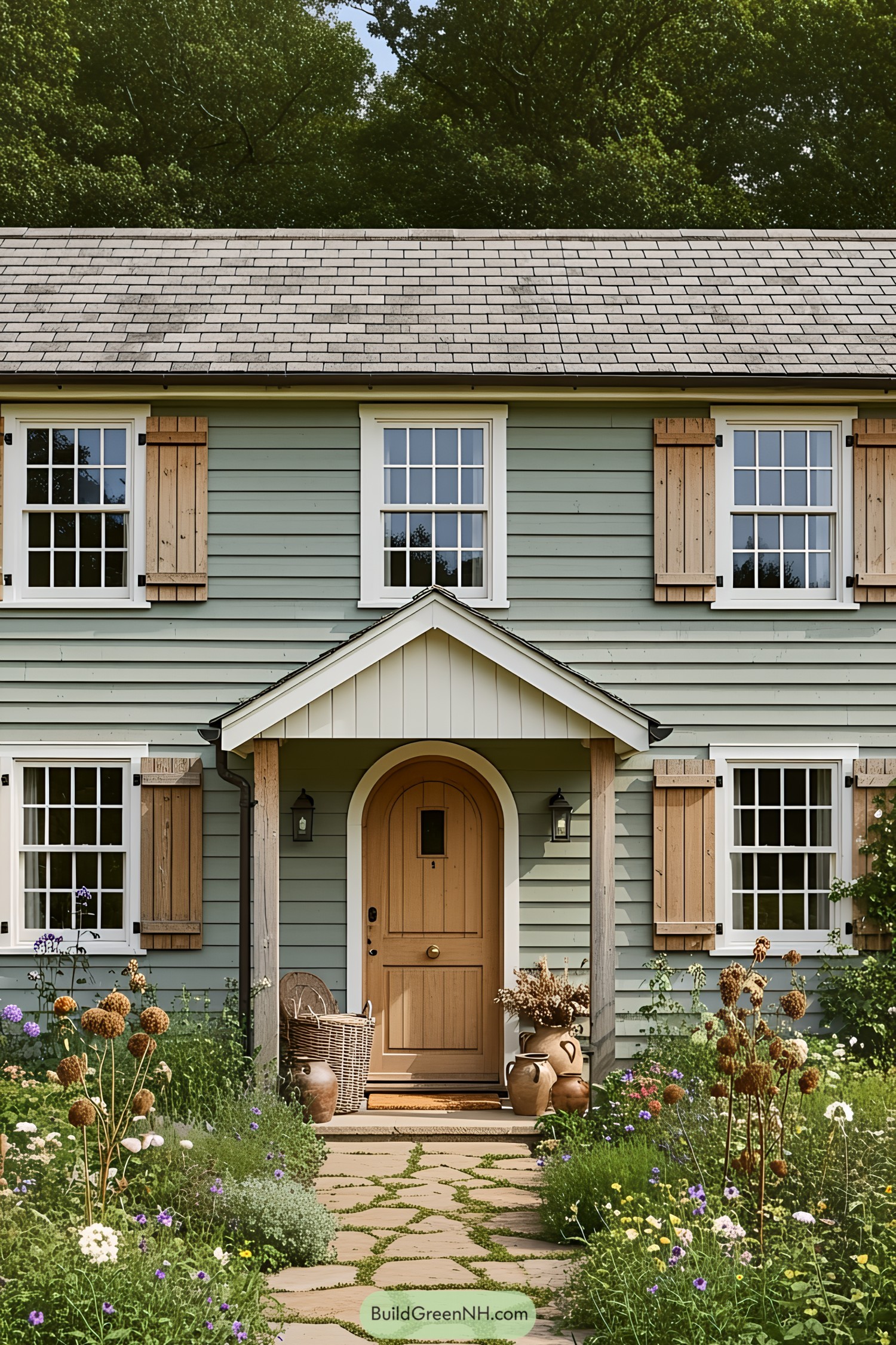 Cottage farmhouse with green siding and wooden shutters