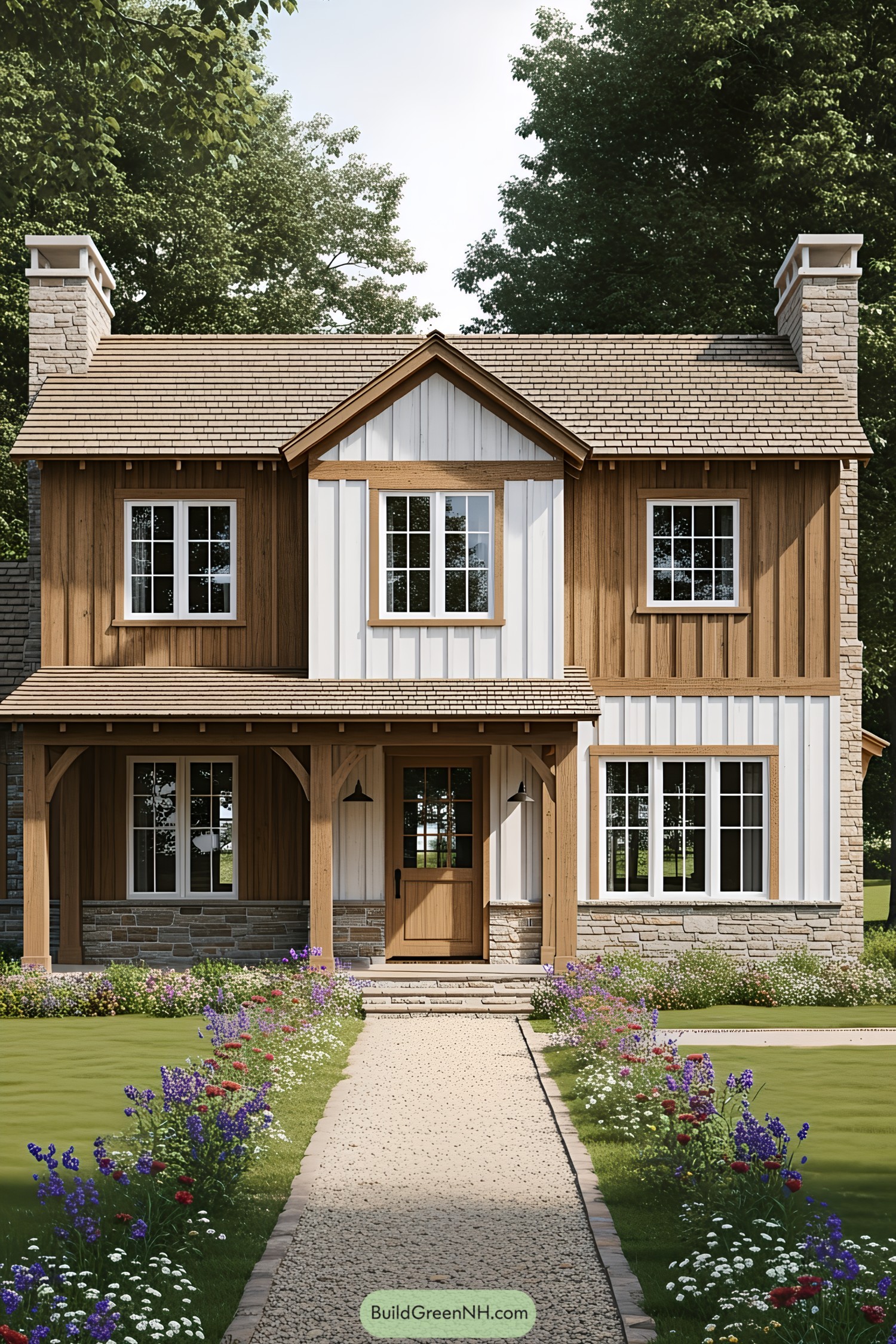 Charming farmhouse with wooden accents and lush surroundings