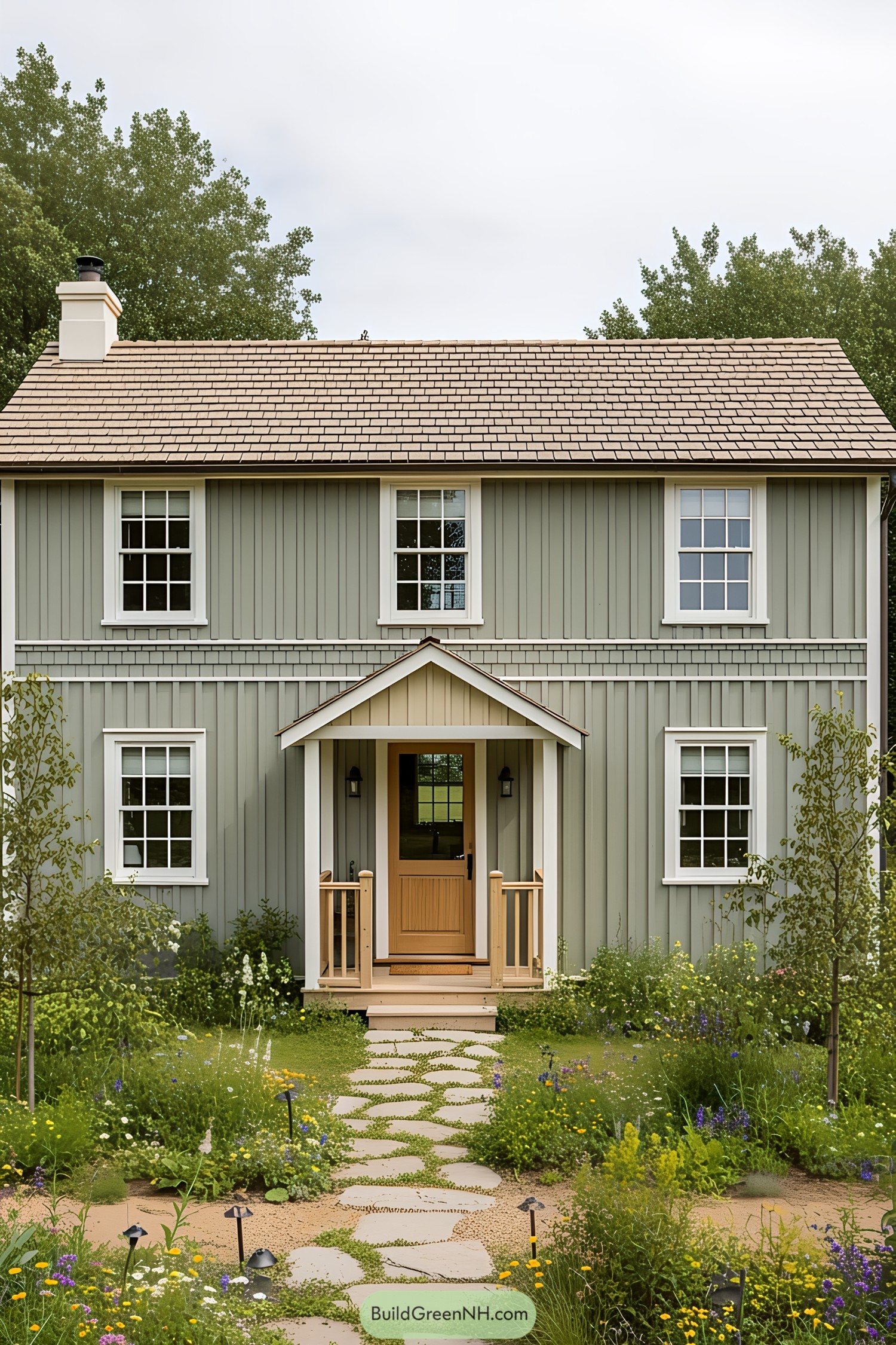Cozy green farmhouse with white trim