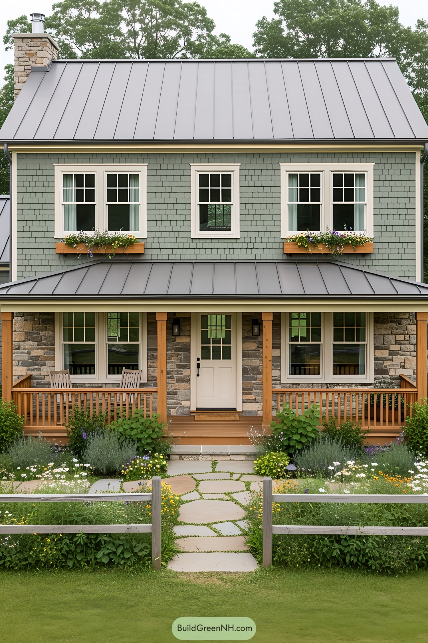 A charming farmhouse with a metal roof and flower boxes