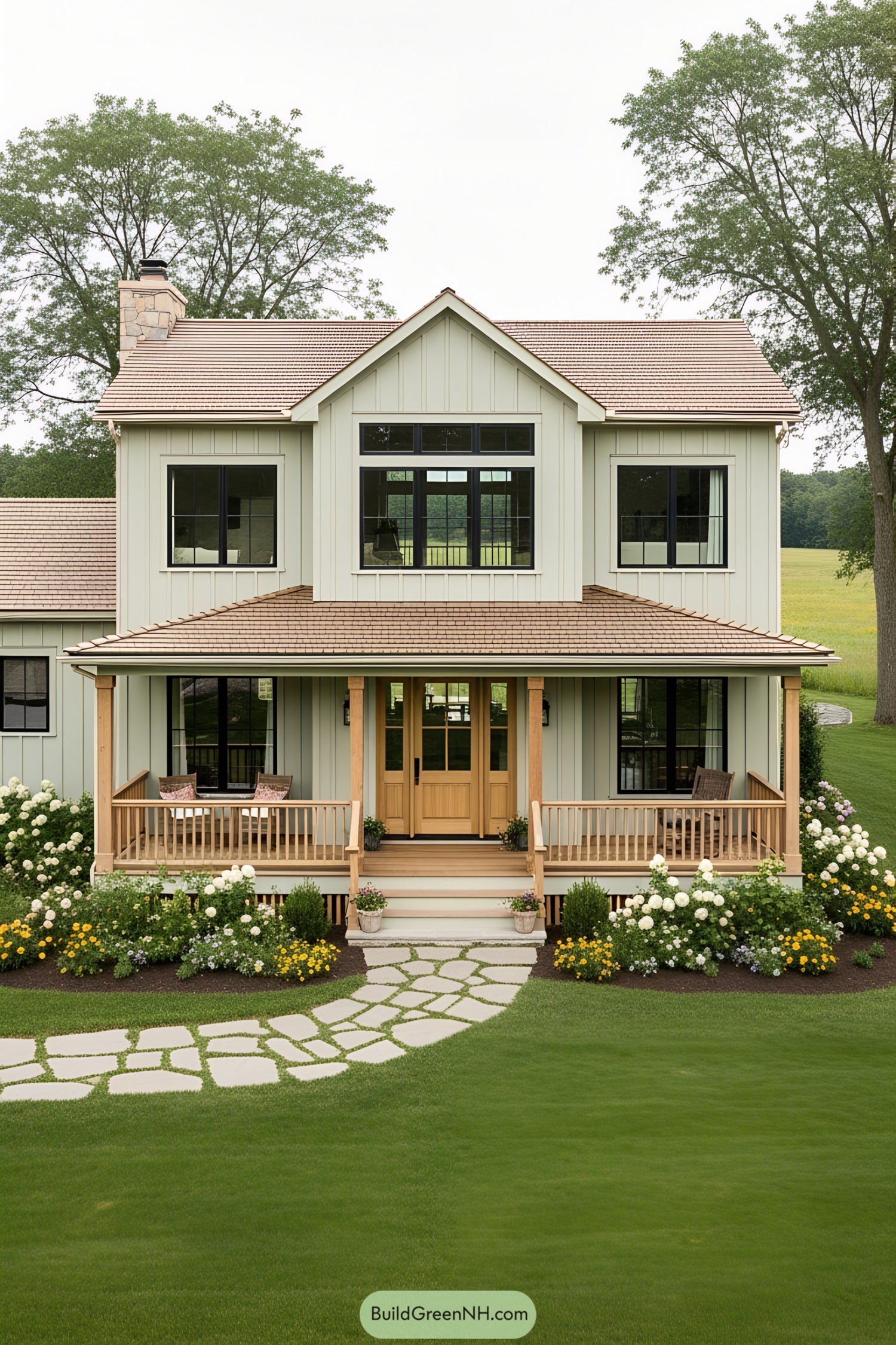 Cute farmhouse with blooming garden and porch