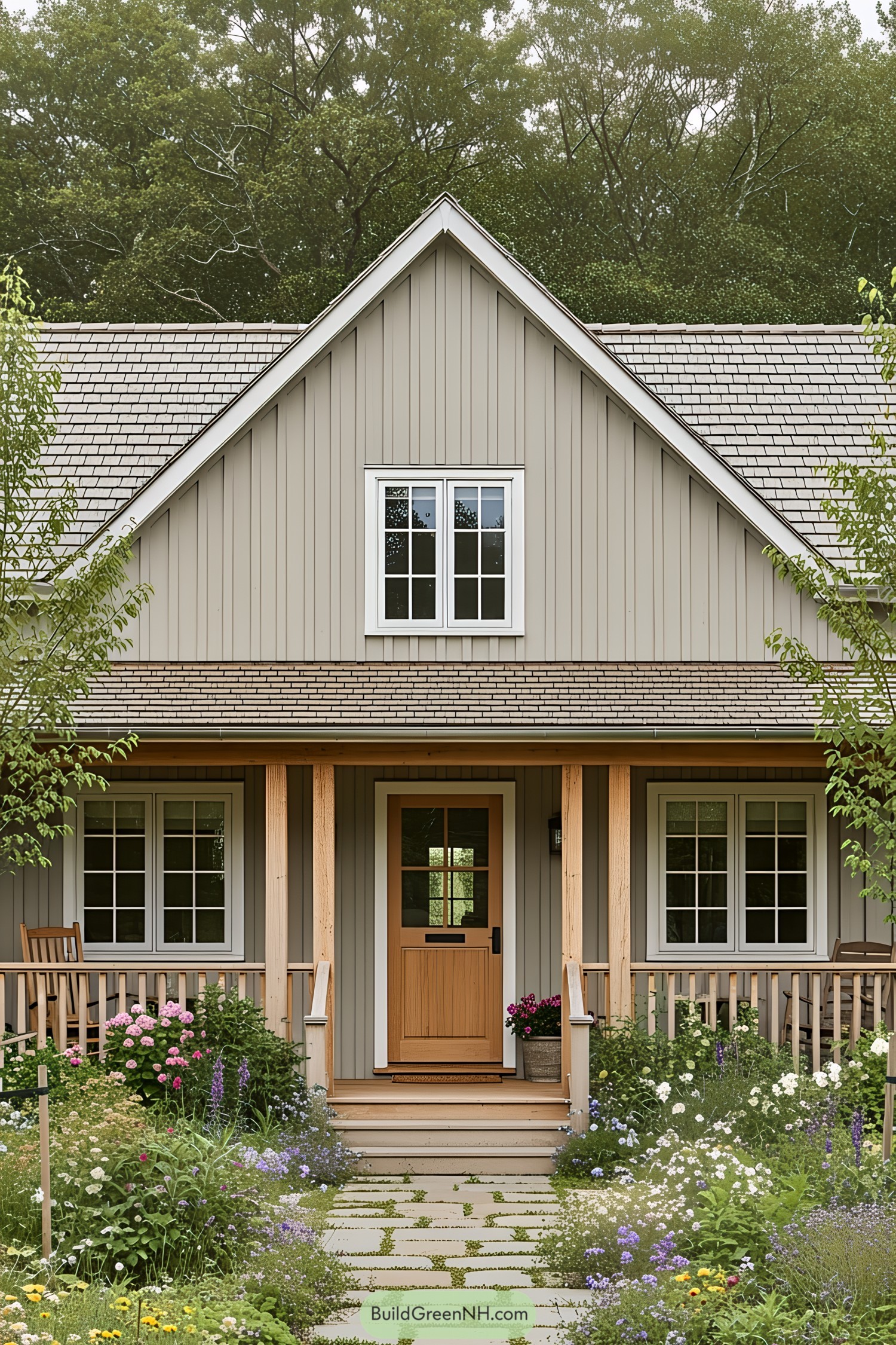 Charming farmhouse with lush garden and wooden porch