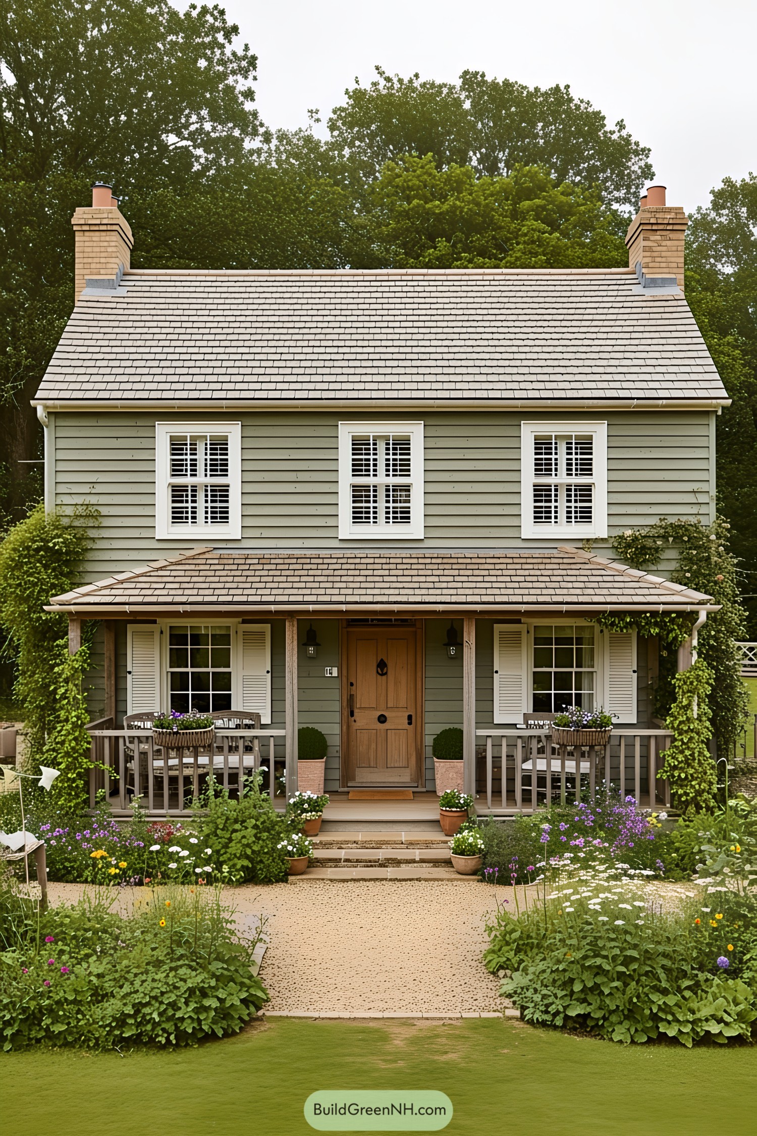 Cozy green farmhouse with lush garden