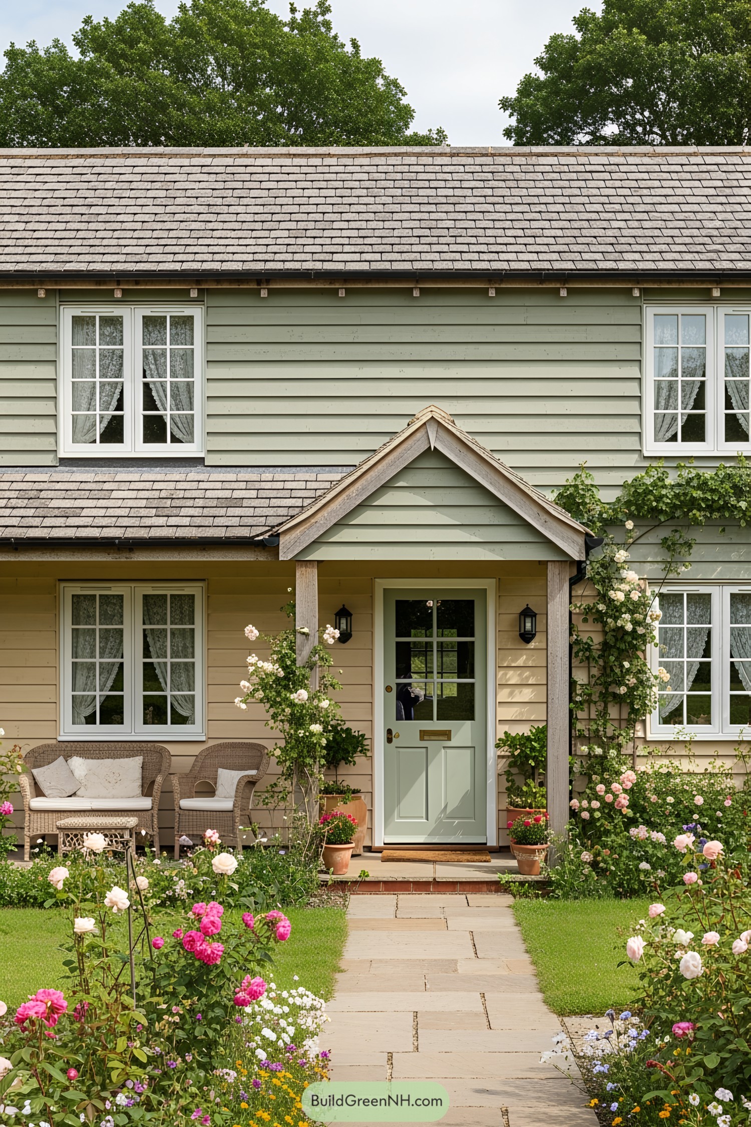 Charming farmhouse with a wooden facade and blooming garden