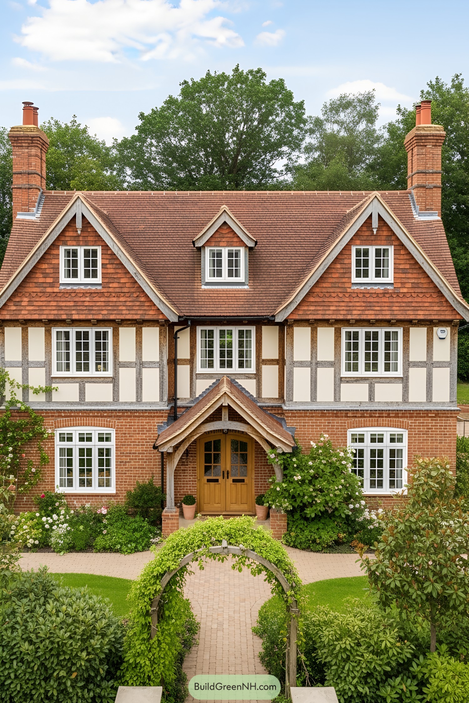 Charming brick and timber cottage nestled among lush greenery