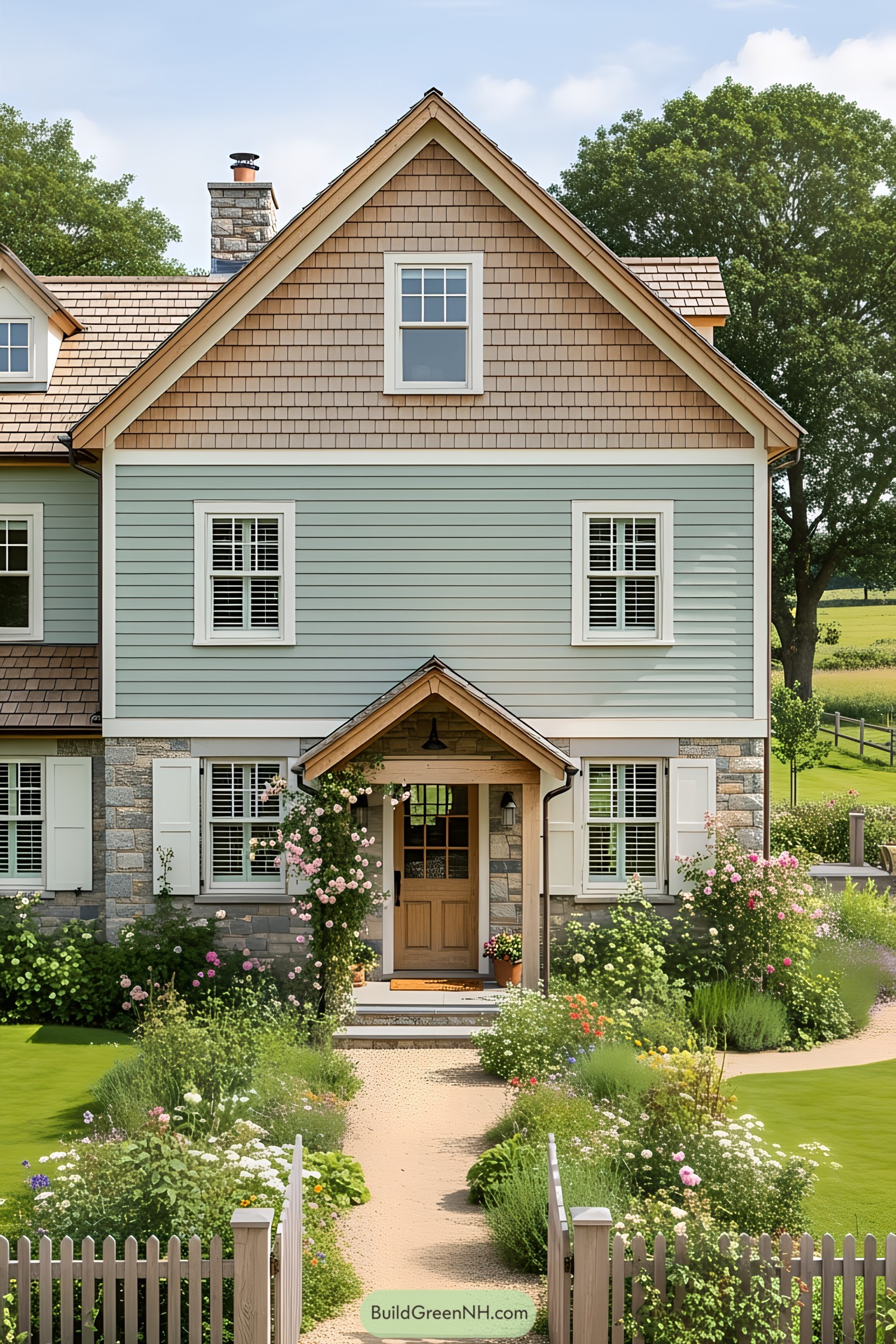 Charming farmhouse surrounded by lush greenery and flowers
