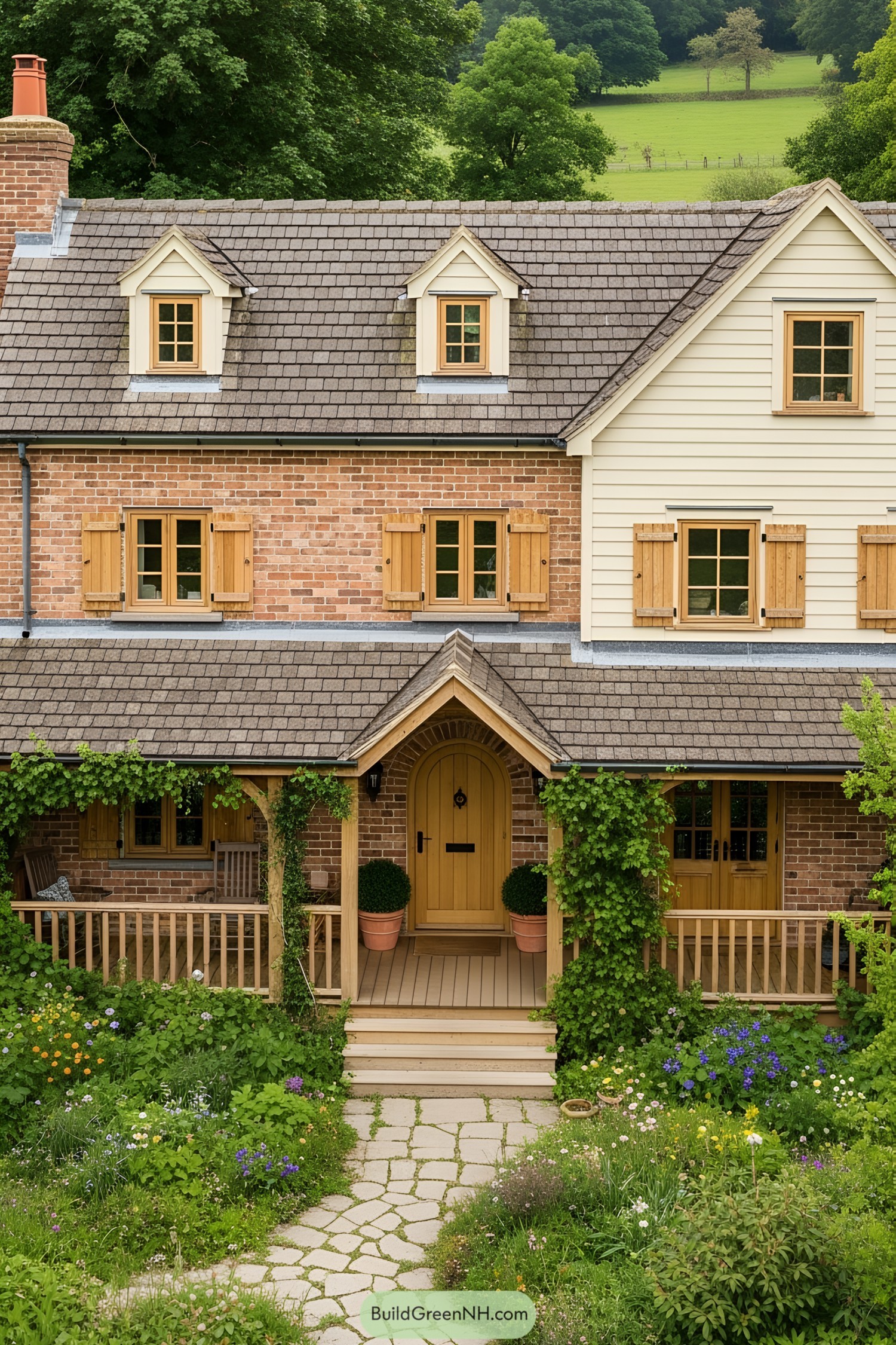 Charming brick farmhouse with ivy-clad porch and lush garden