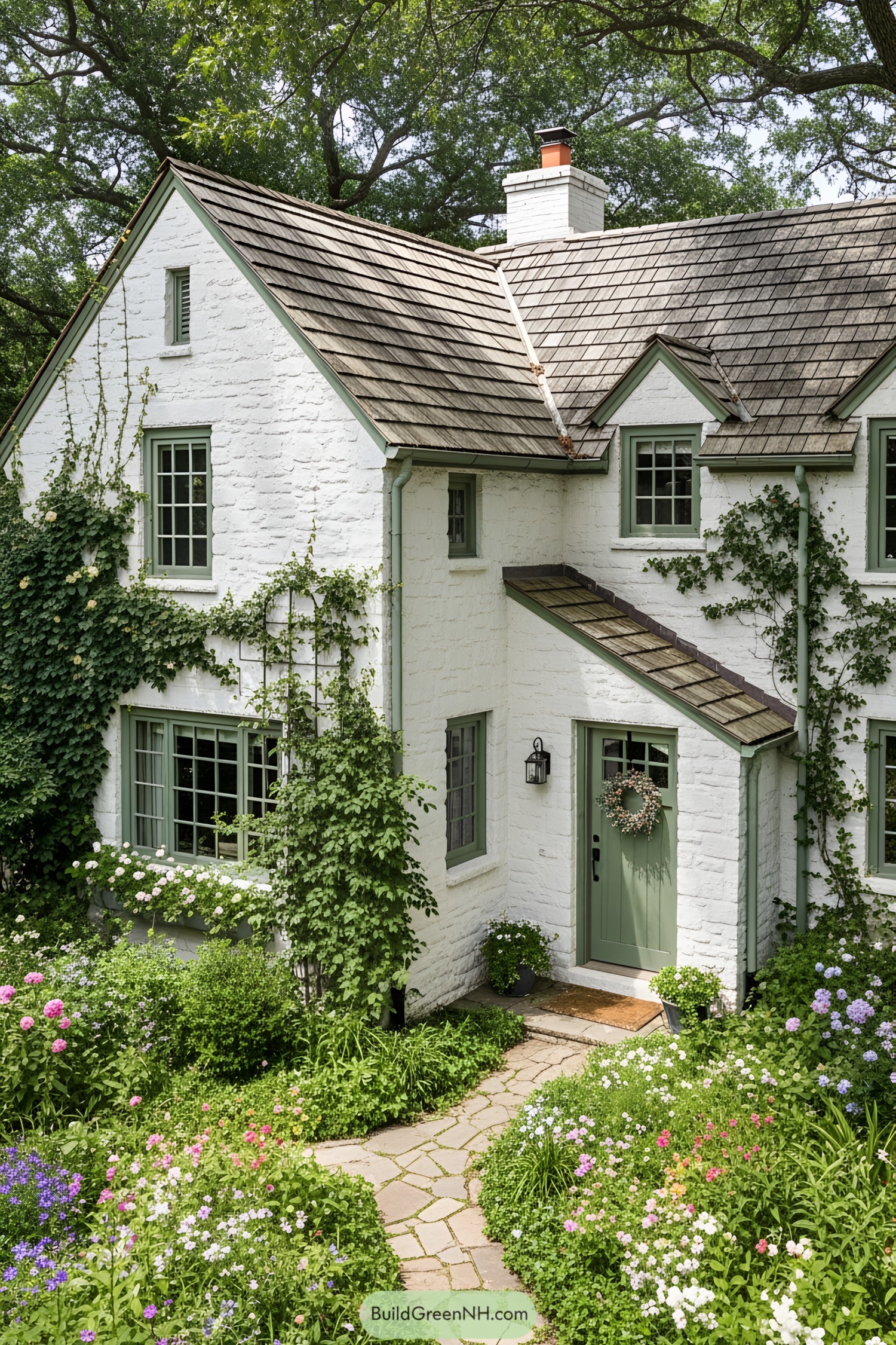 White farmhouse with green trim surrounded by lush garden