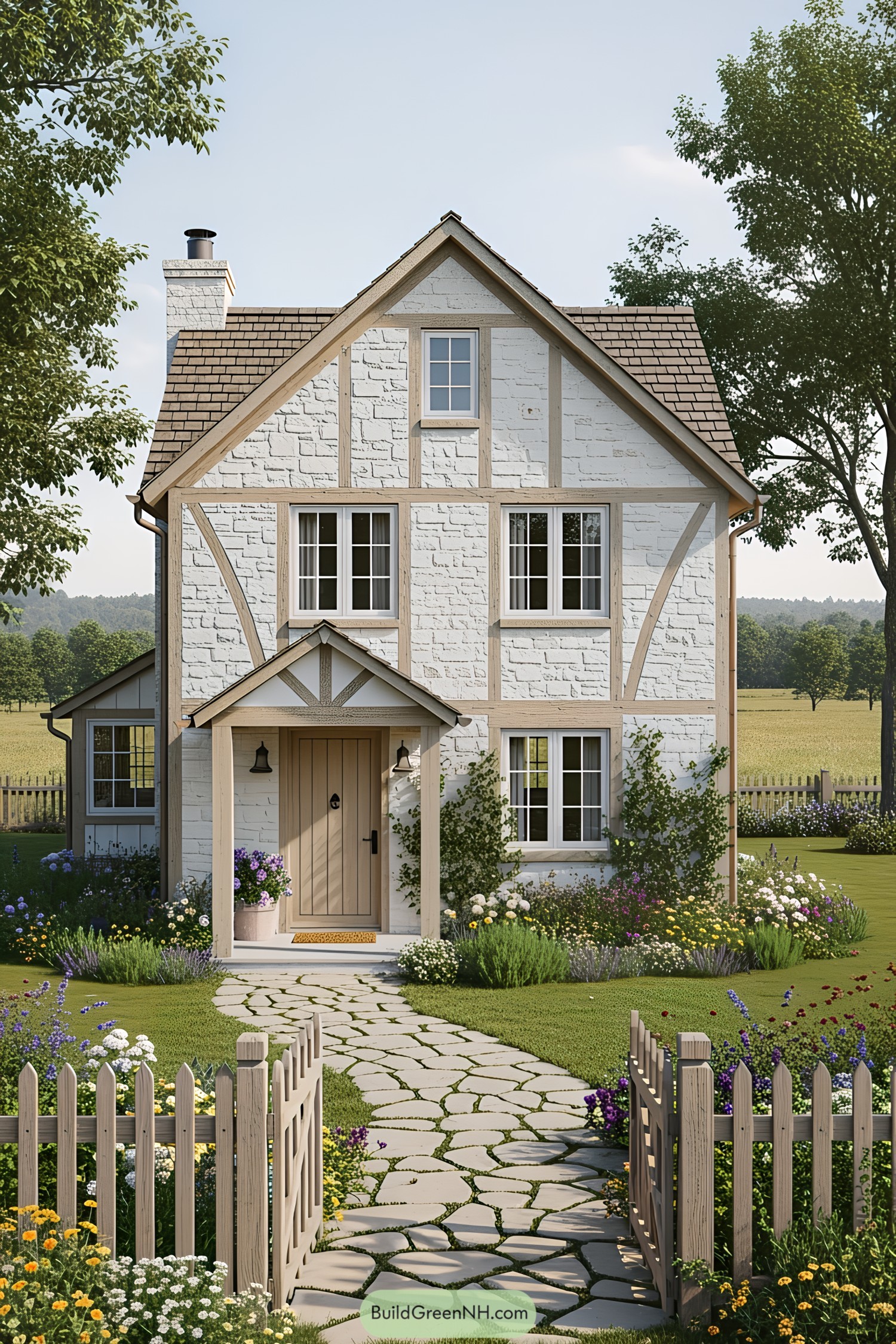 Charming white cottage with timber accents and colorful garden