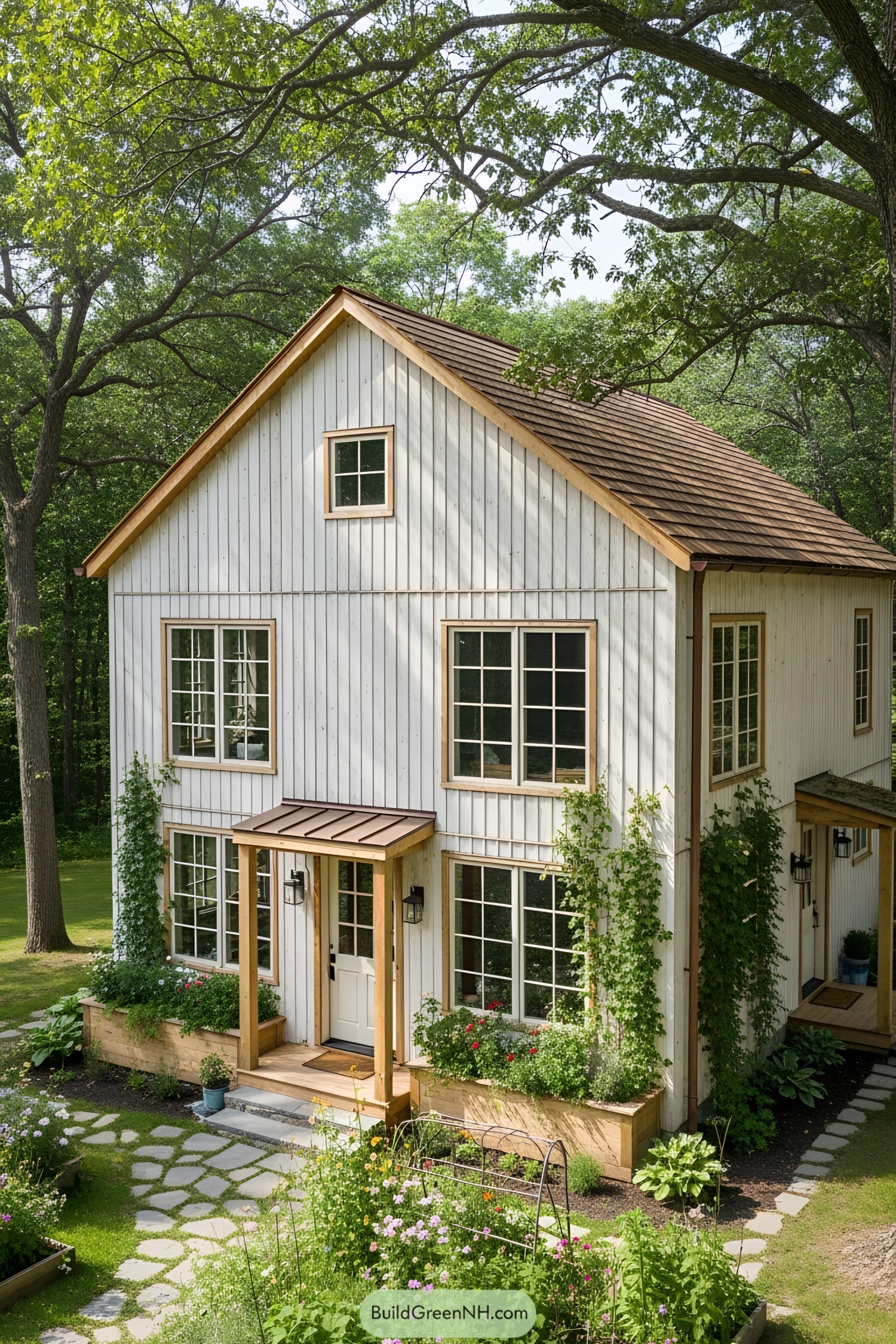 A quaint, white cottage surrounded by greenery