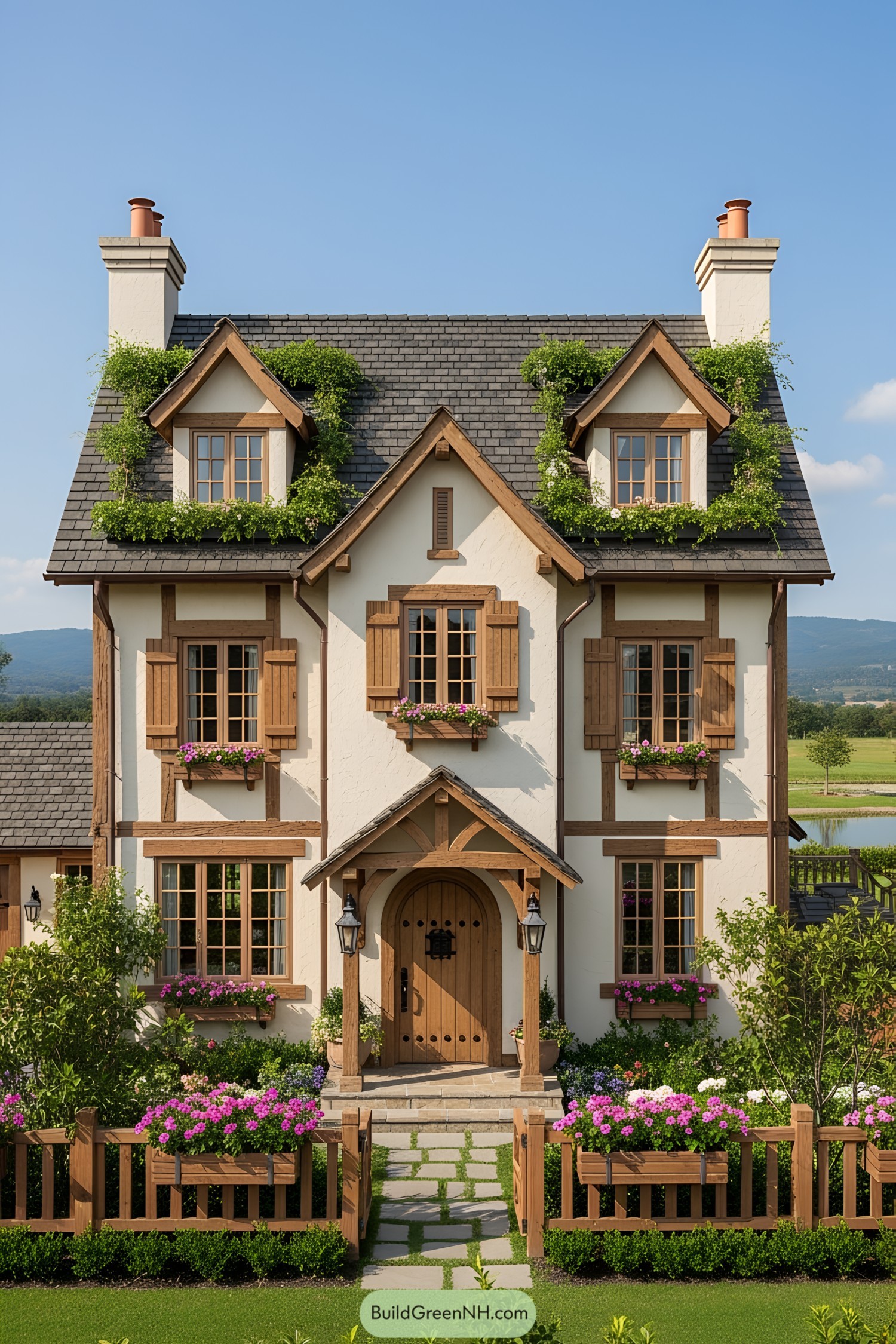 Charming cottage with wooden accents, surrounded by lush greenery and flowers