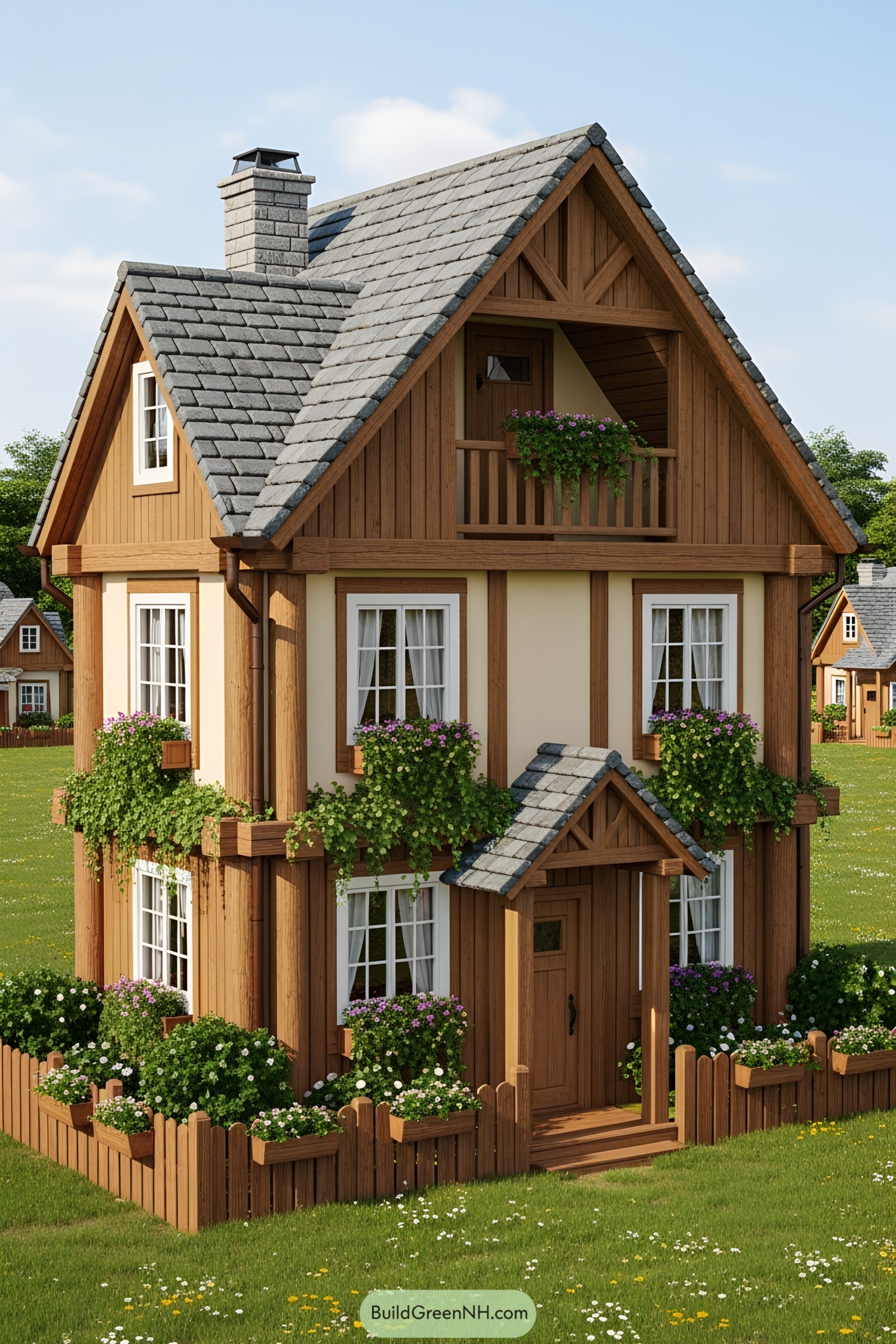 Charming wooden cottage with lush greenery