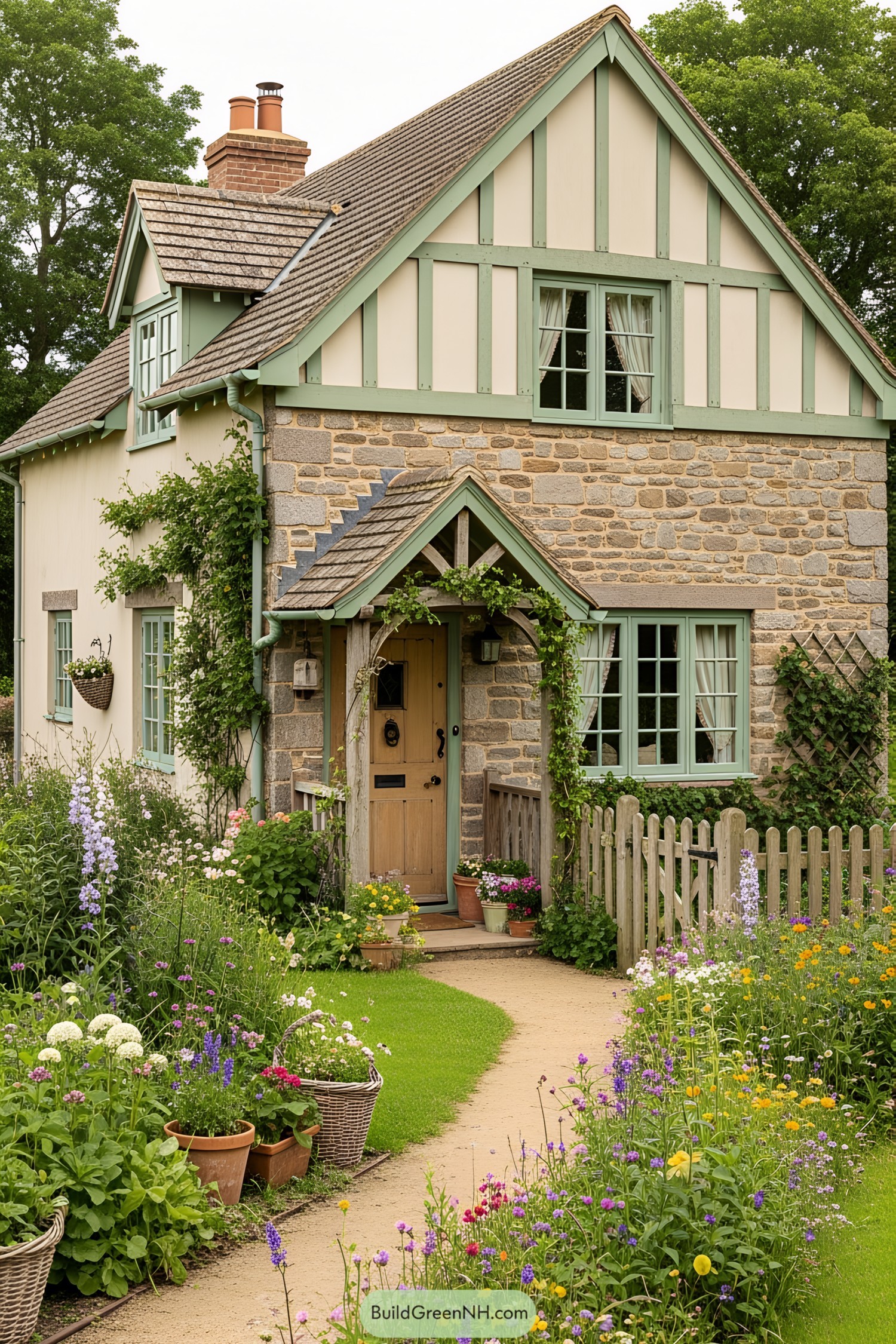 Cozy cottage with ivy and flower garden