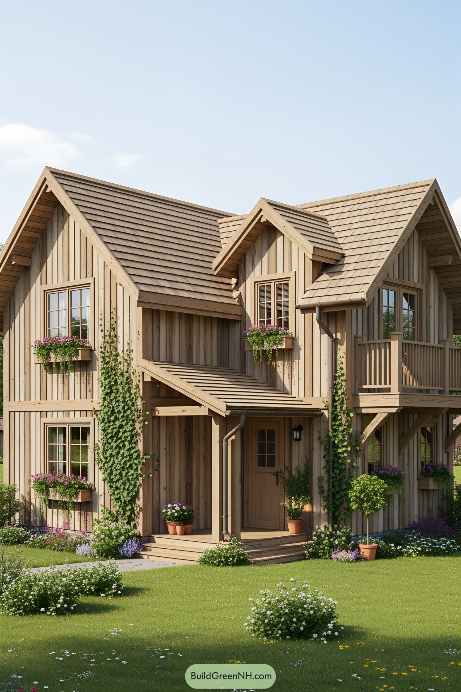 Rustic wooden cottage adorned with flowering vines and charming windows