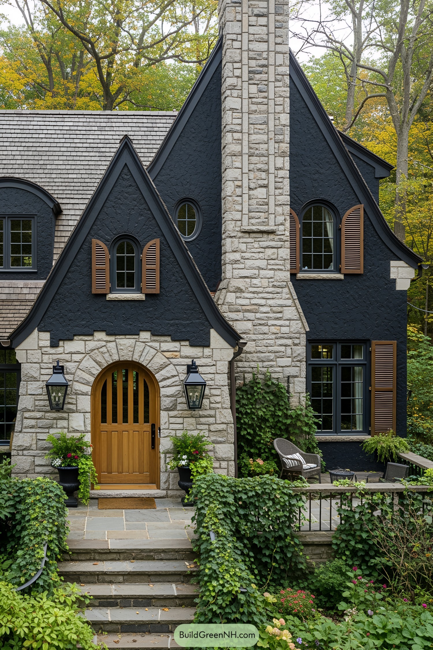Cottage with stone exterior and wooden door
