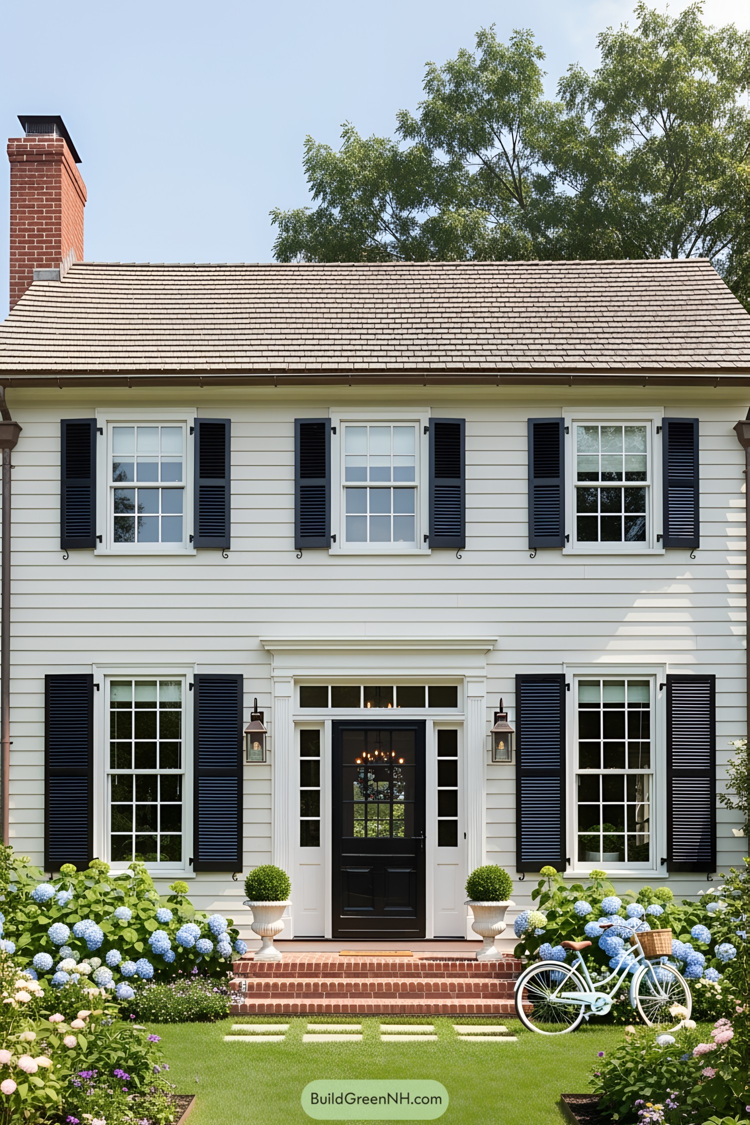 Charming white cottage with blue shutters and a front garden