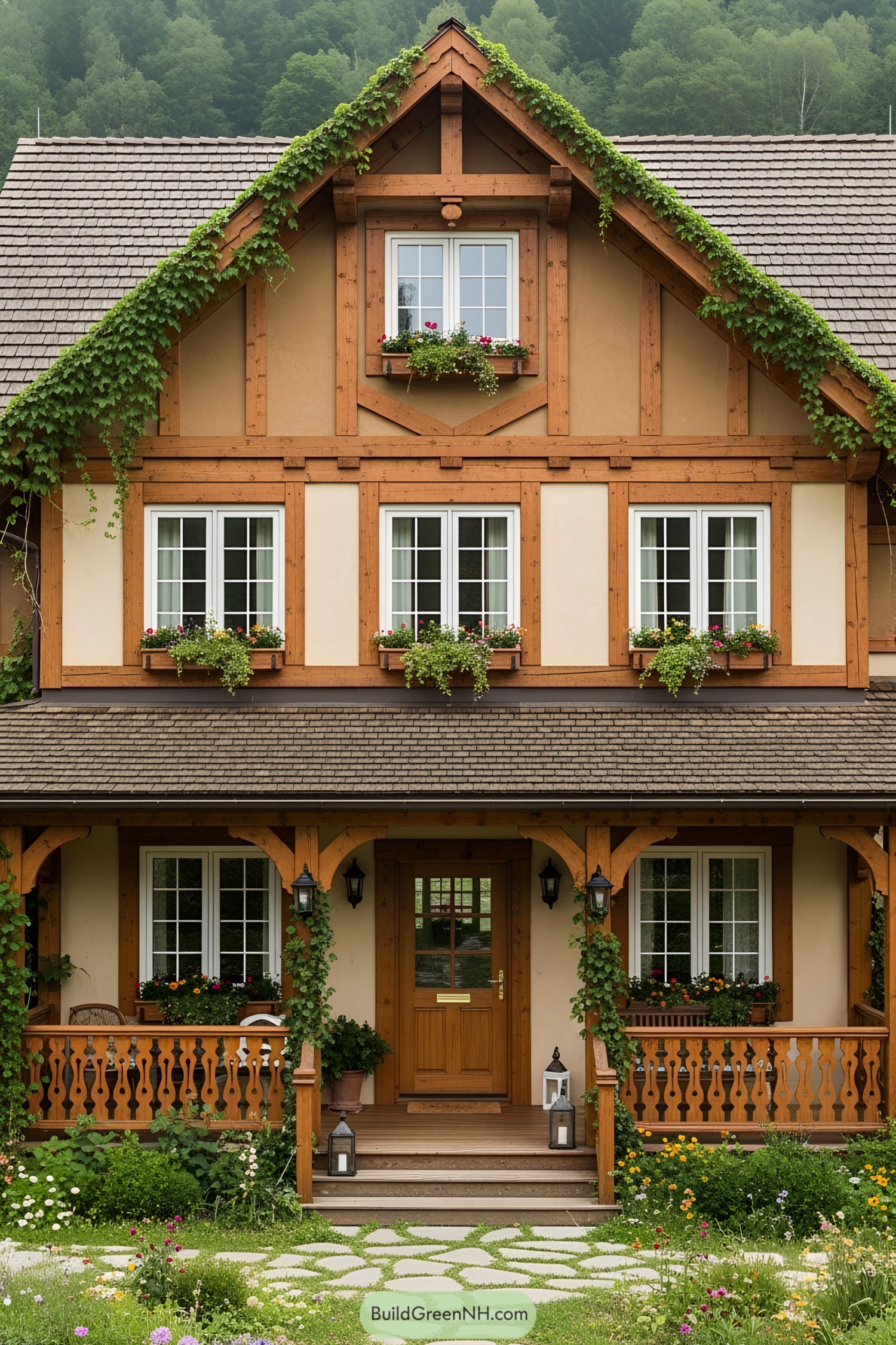 Cottage with wooden accents and lush greenery