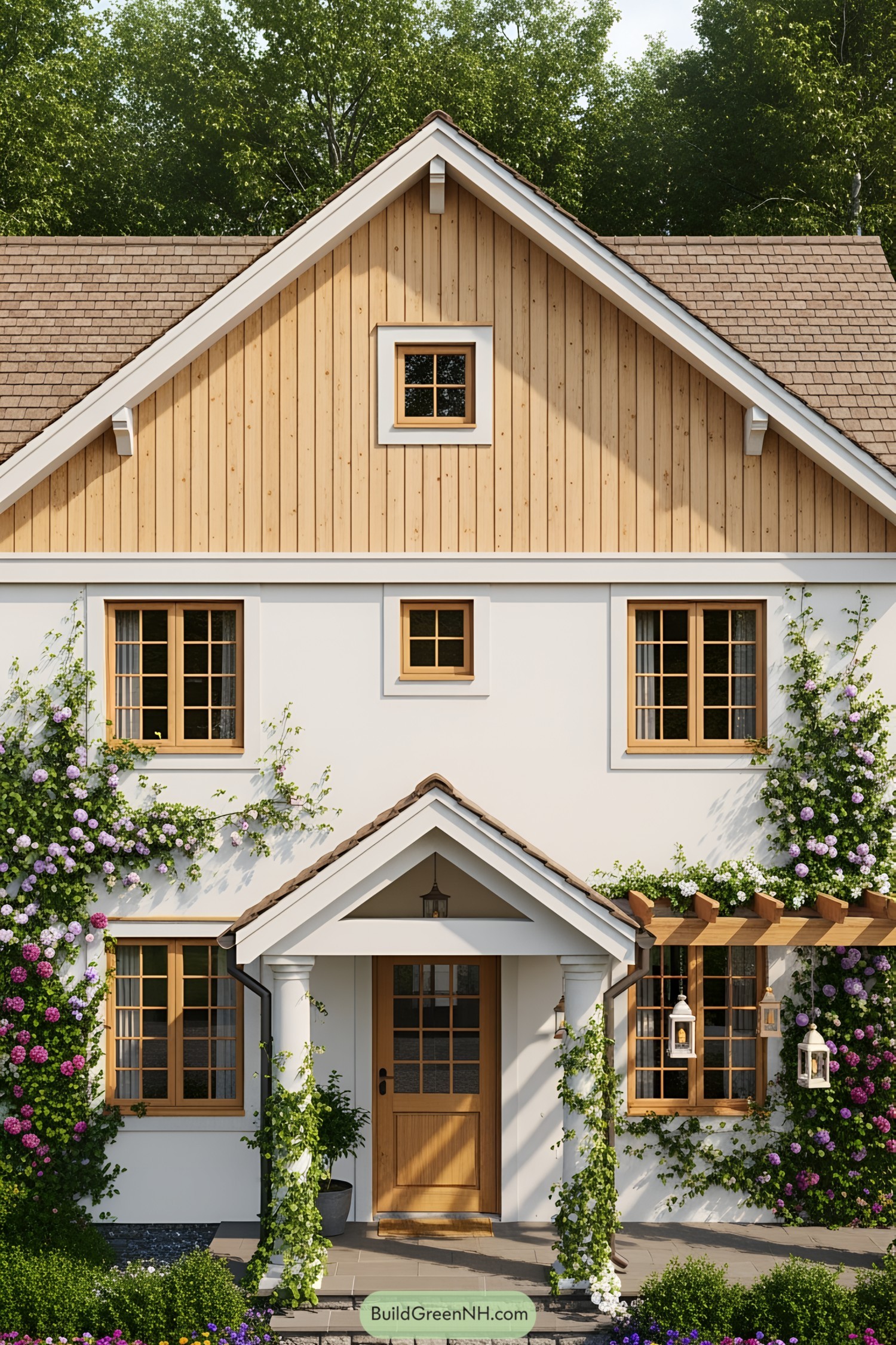 Charming cottage surrounded by lush greenery and flowers