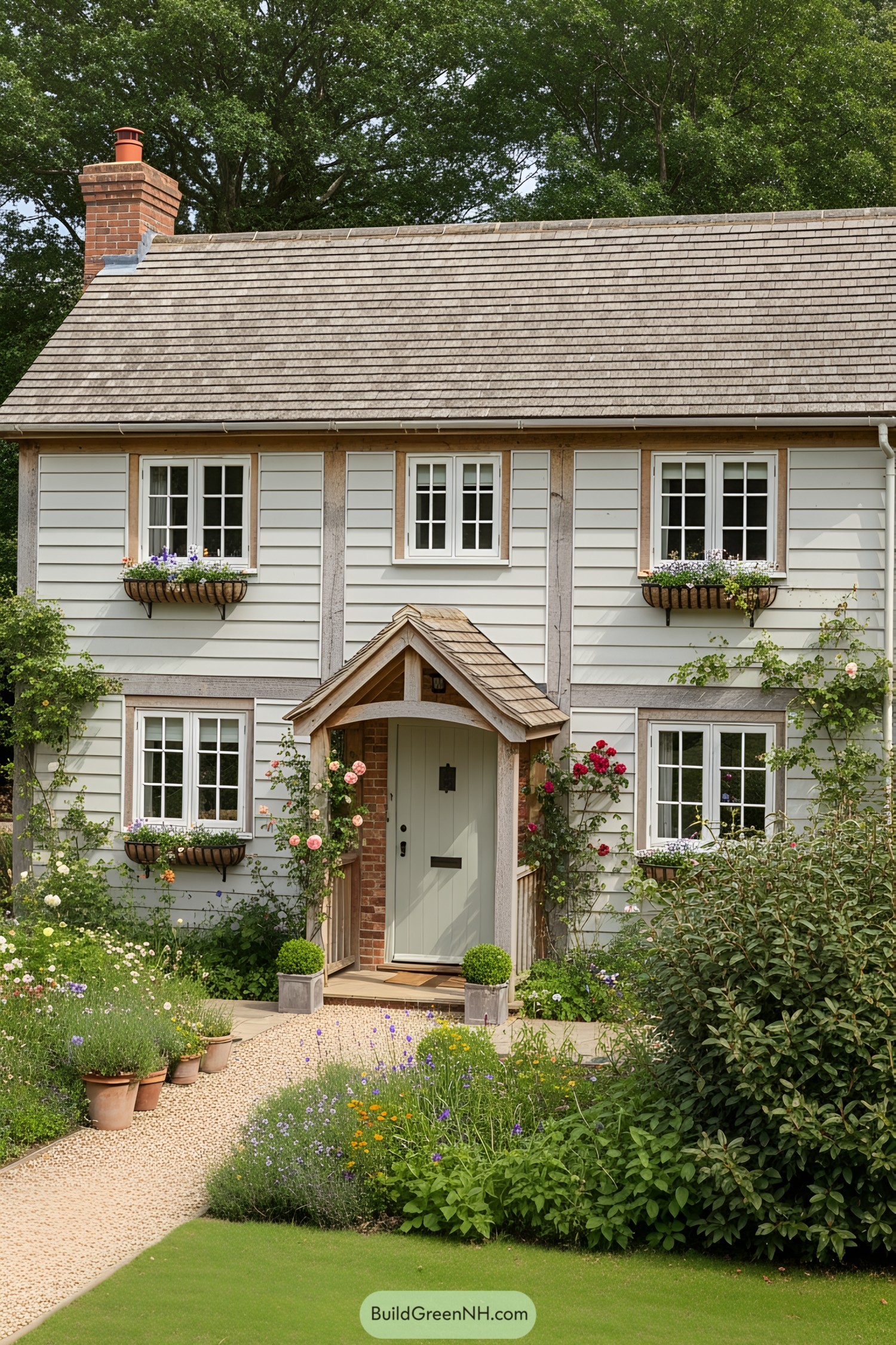 Quaint cottage with gray siding and colorful garden path