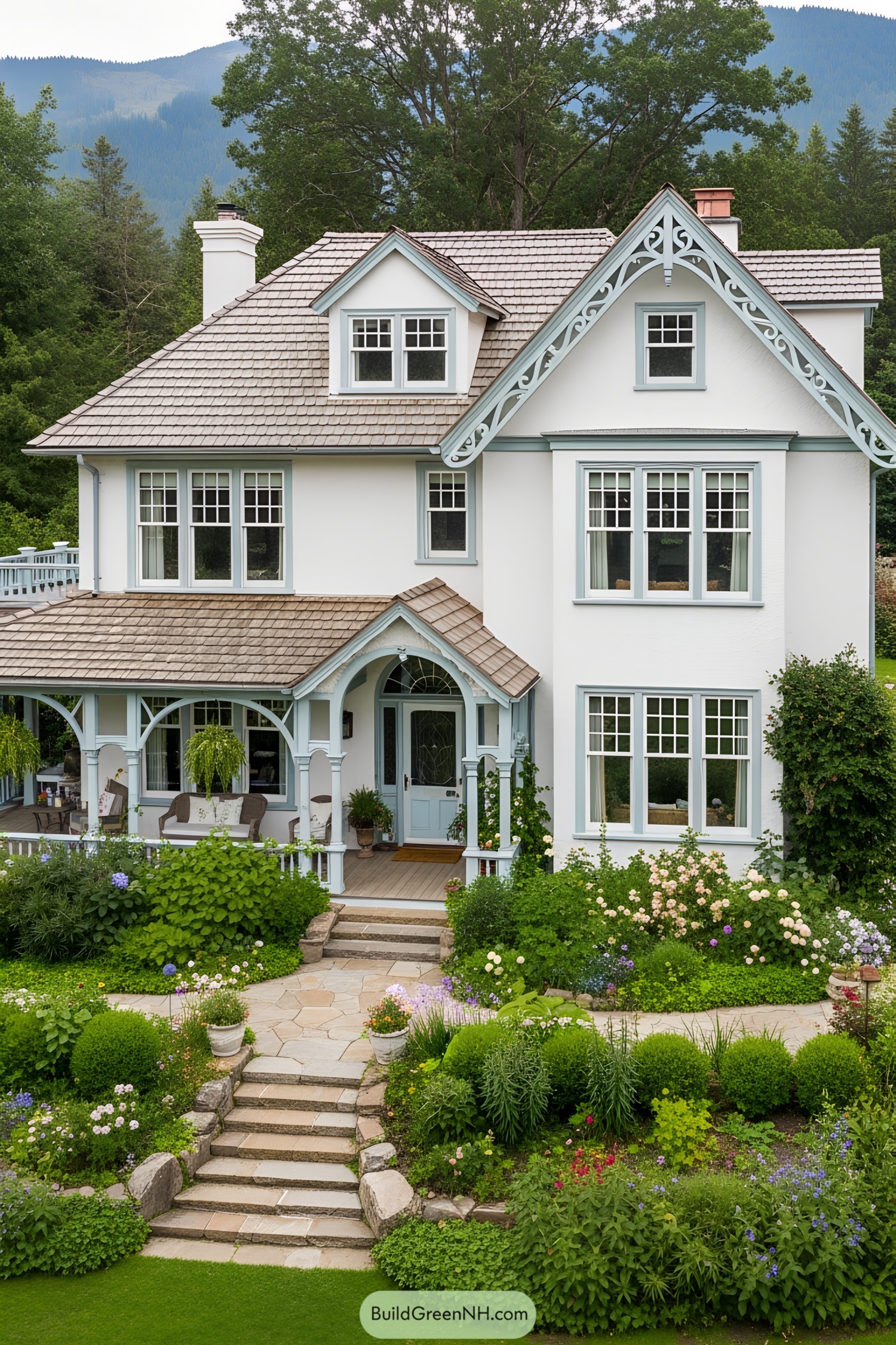 Cozy white cottage with blue accents and lush gardens