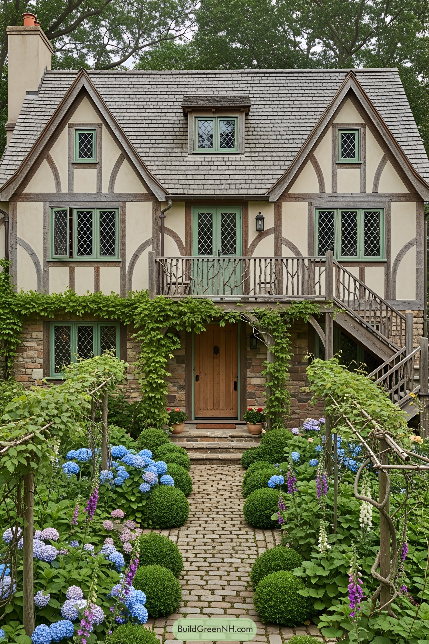 Quaint cottage with lush greenery