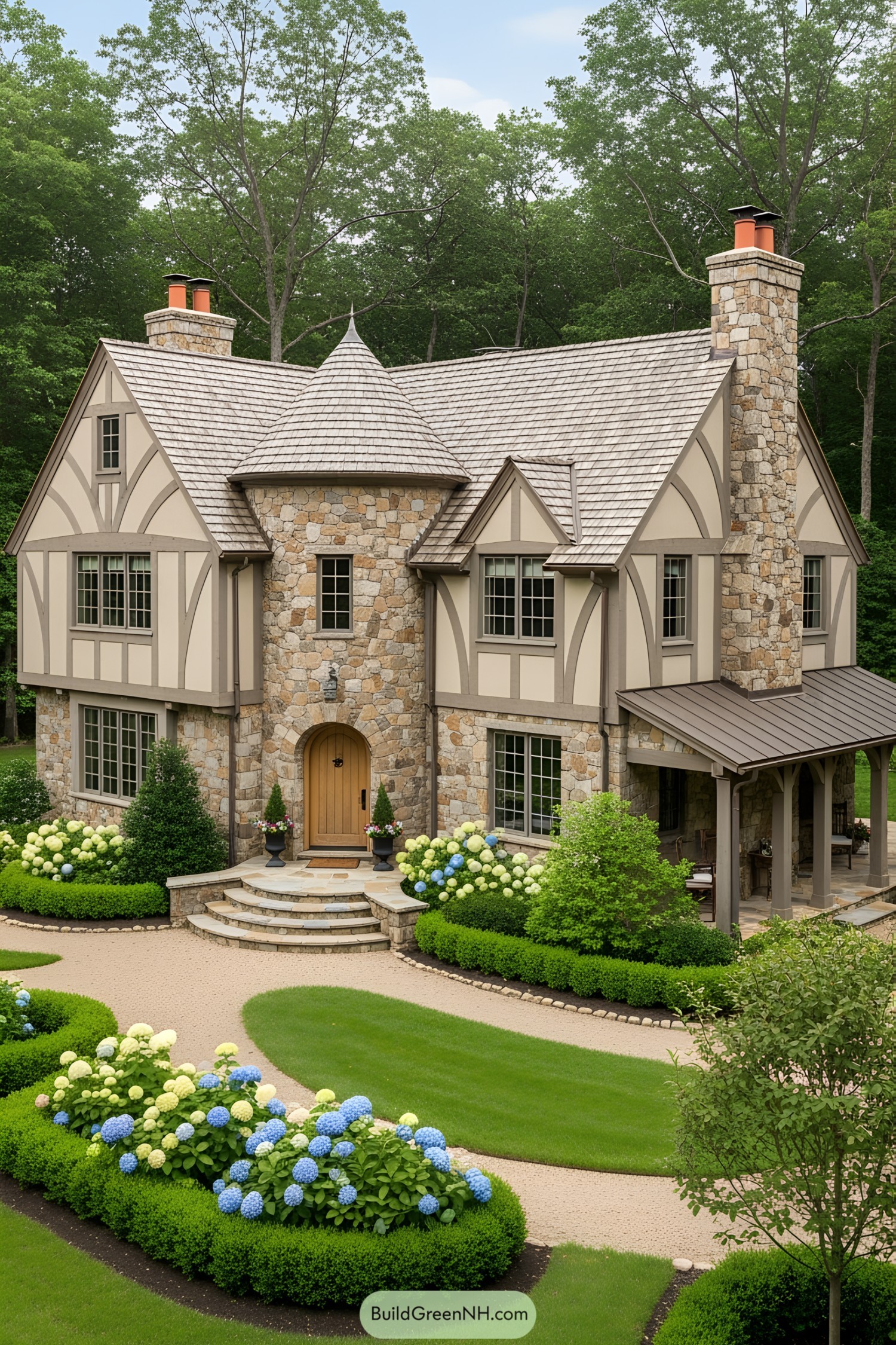 Charming stone cottage with a turret and lush garden