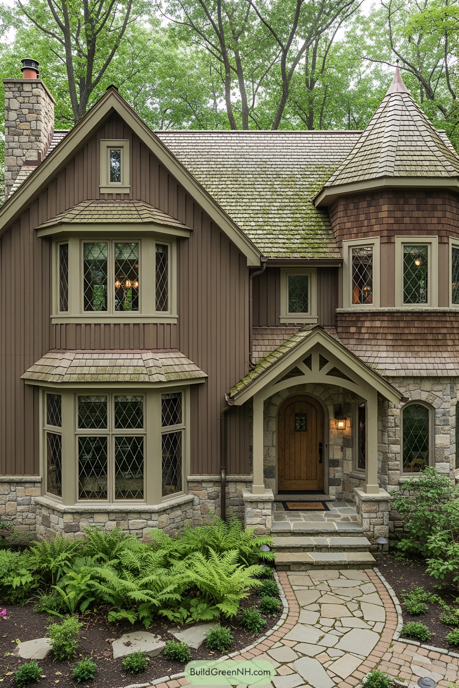 Fairytale-like cottage with lush greenery and elegant architecture
