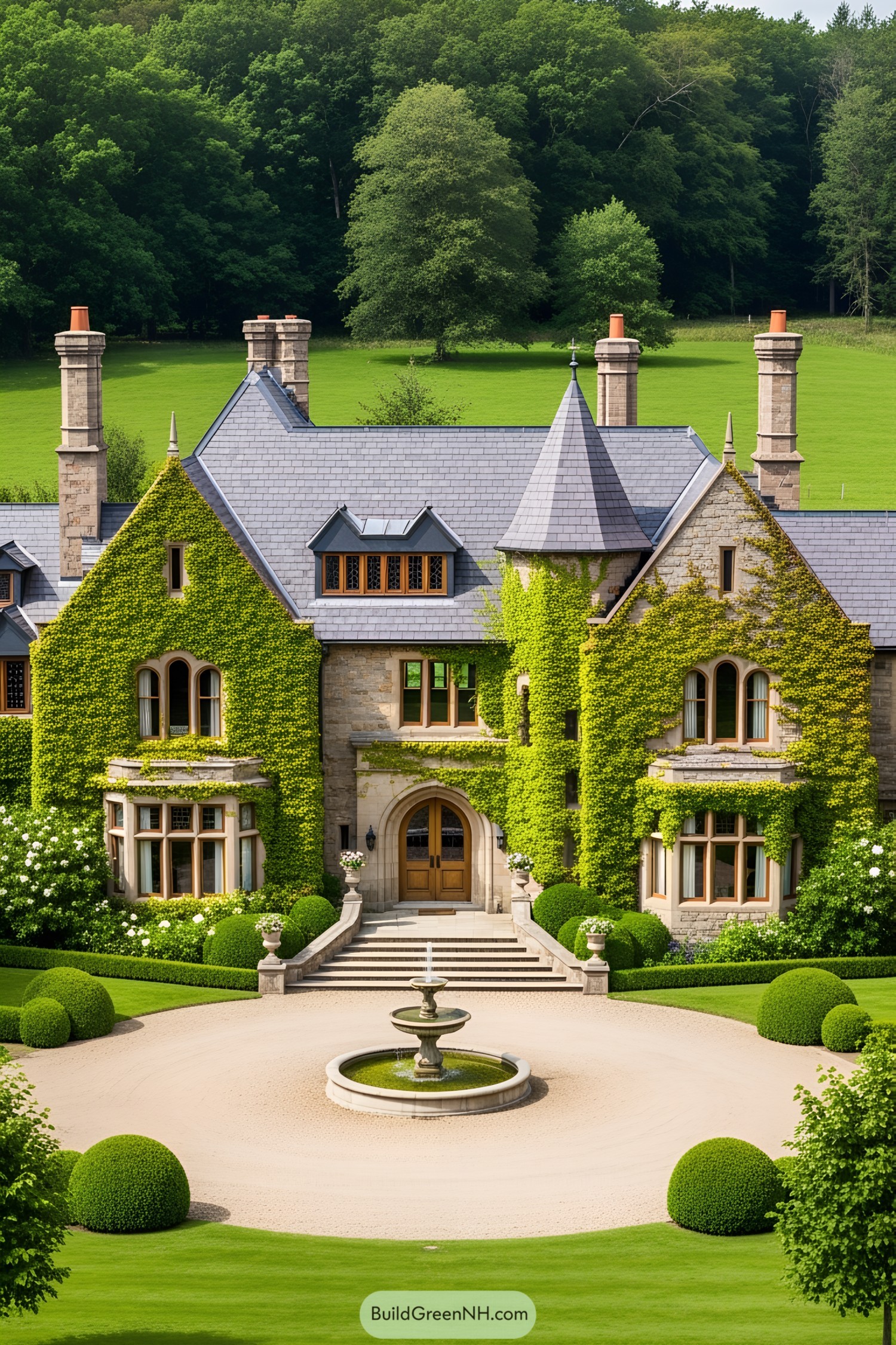 Elegant stone mansion covered in ivy with a courtyard fountain
