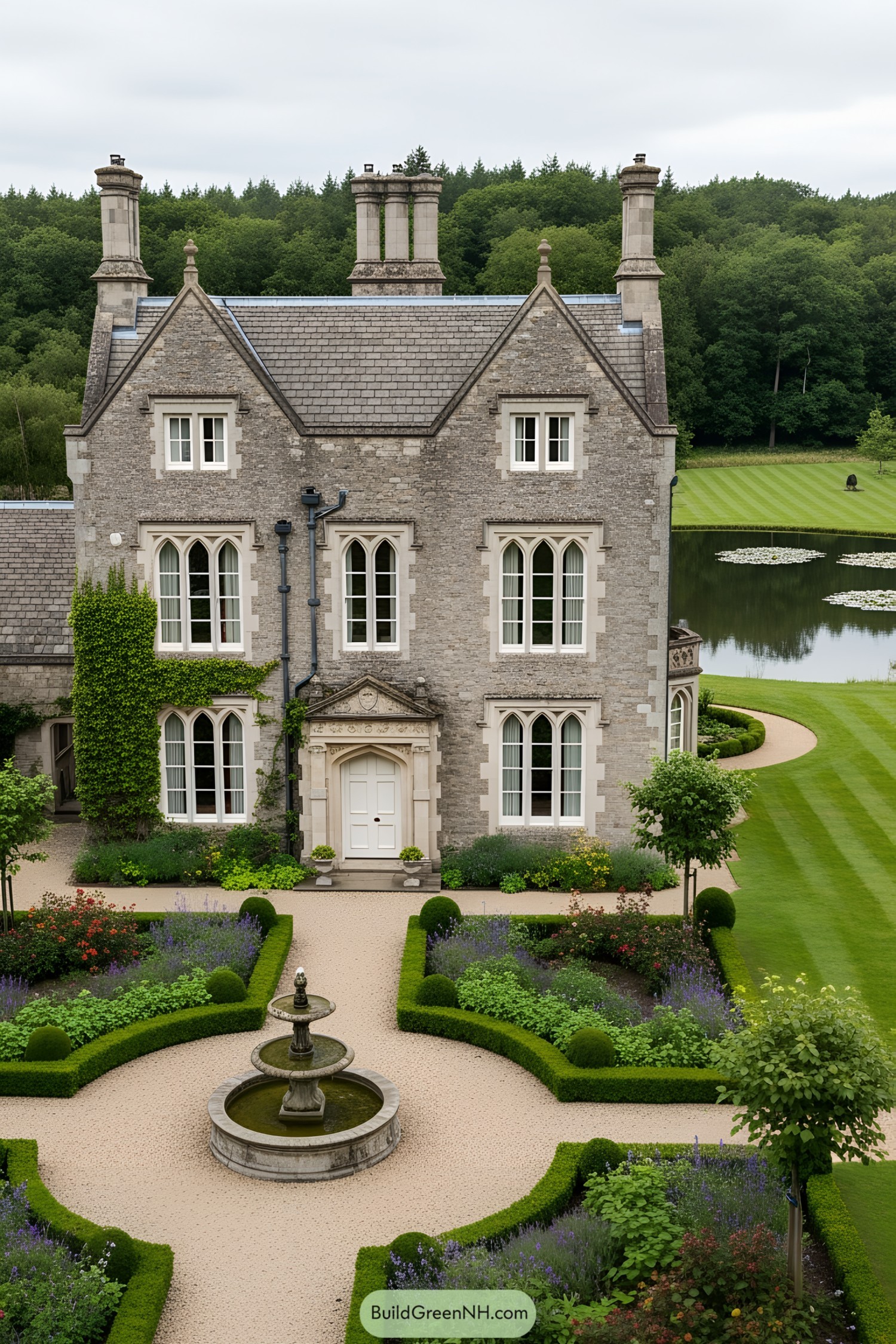 Elegant mansion with garden and lake view