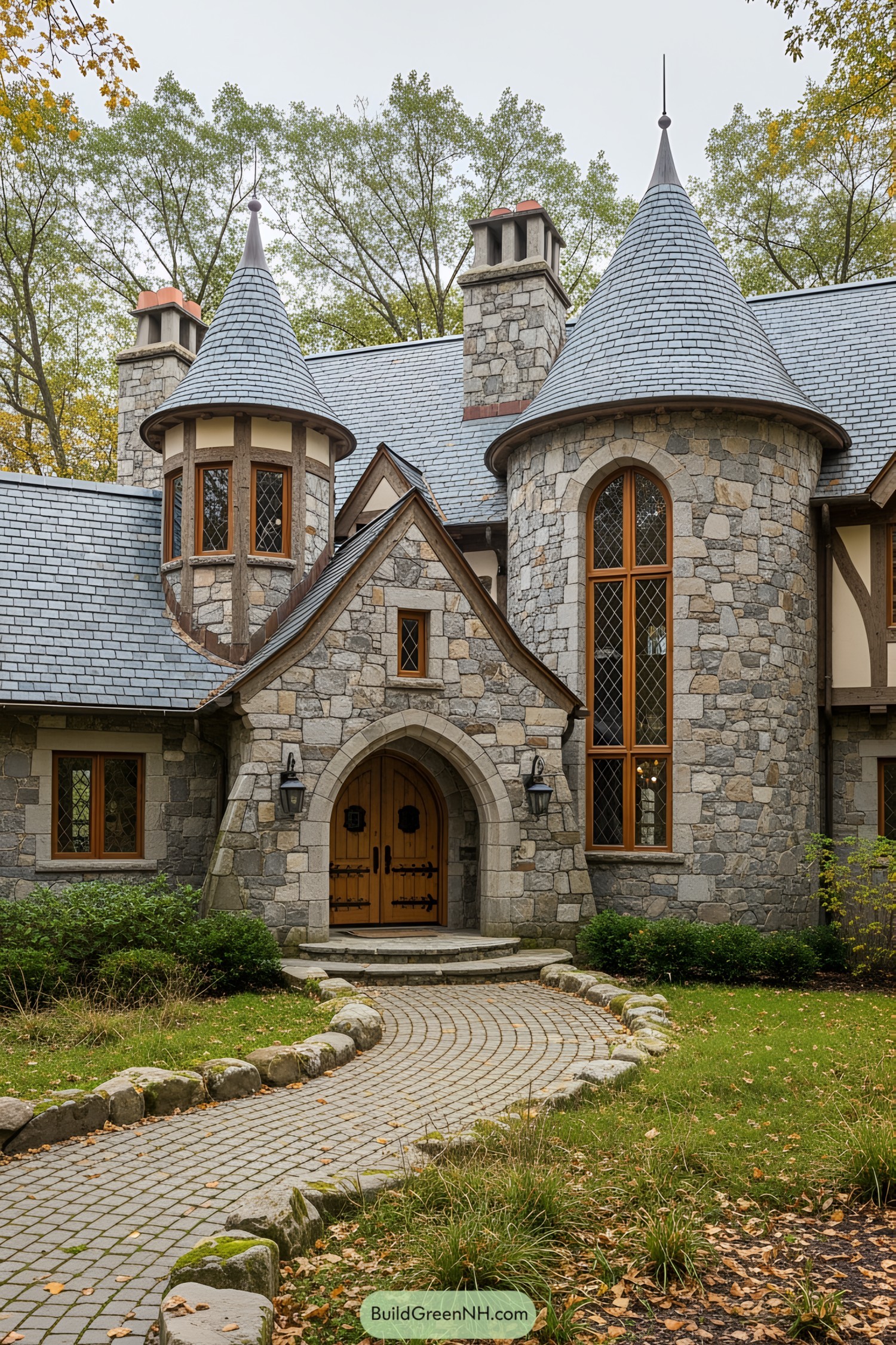 Stone mansion with conical towers and brown door