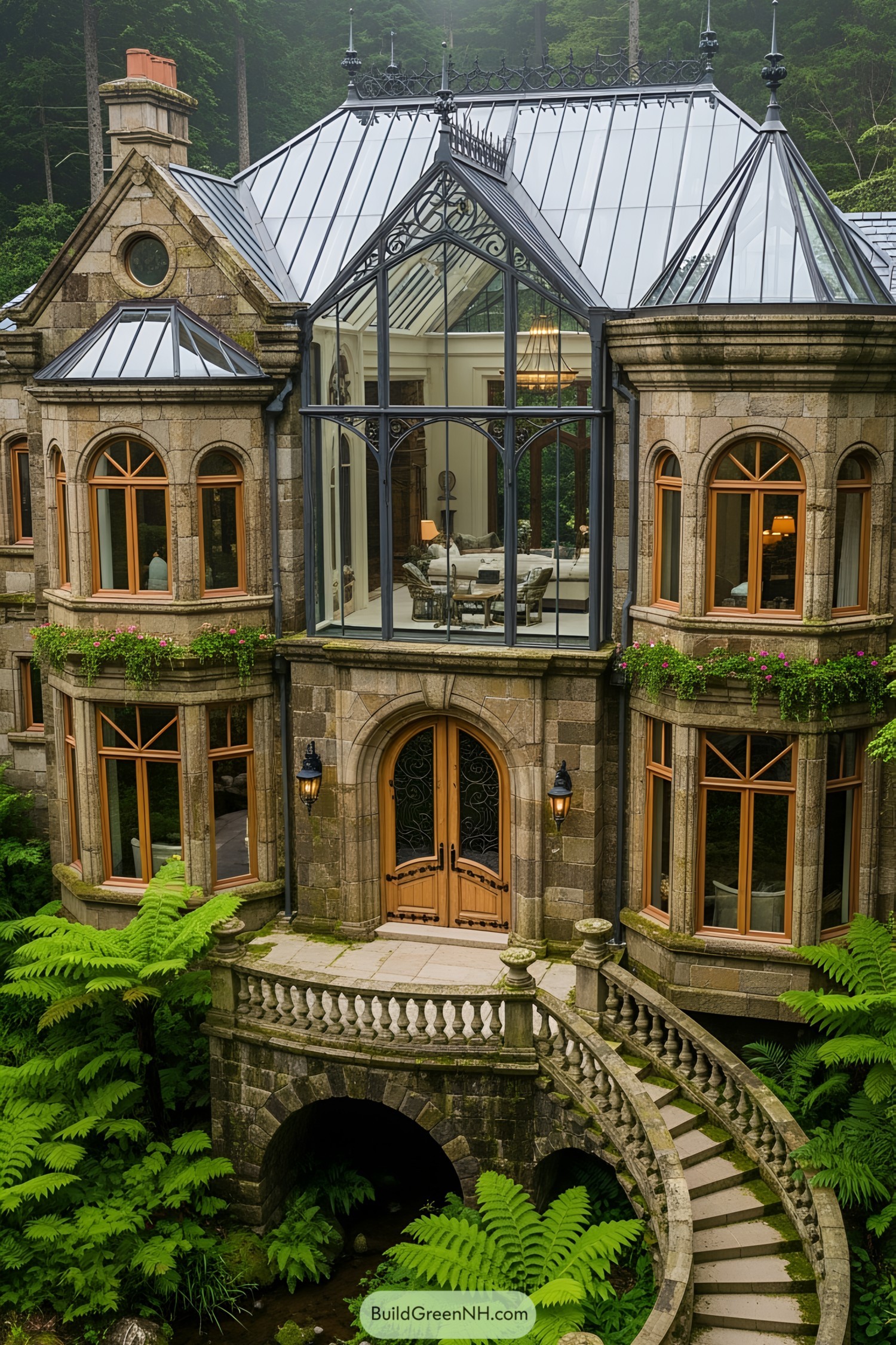 Elegant stone mansion with large windows and lush greenery