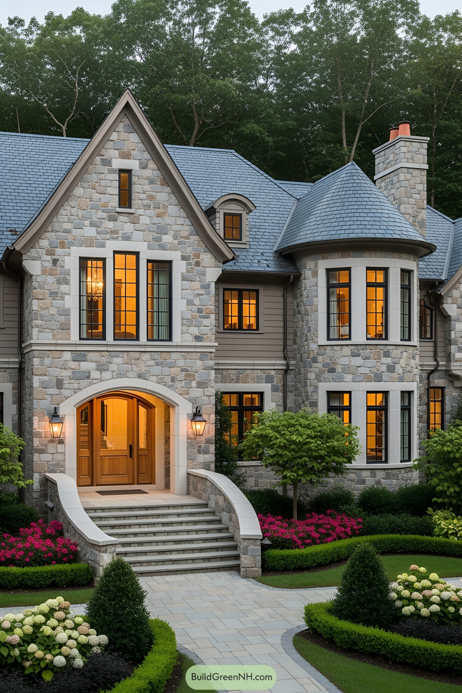 Grand stone mansion with a turret and lush gardens