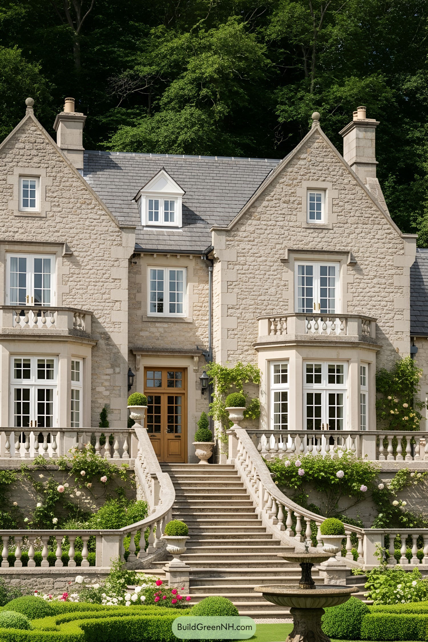 Elegant stone manor with lush garden views