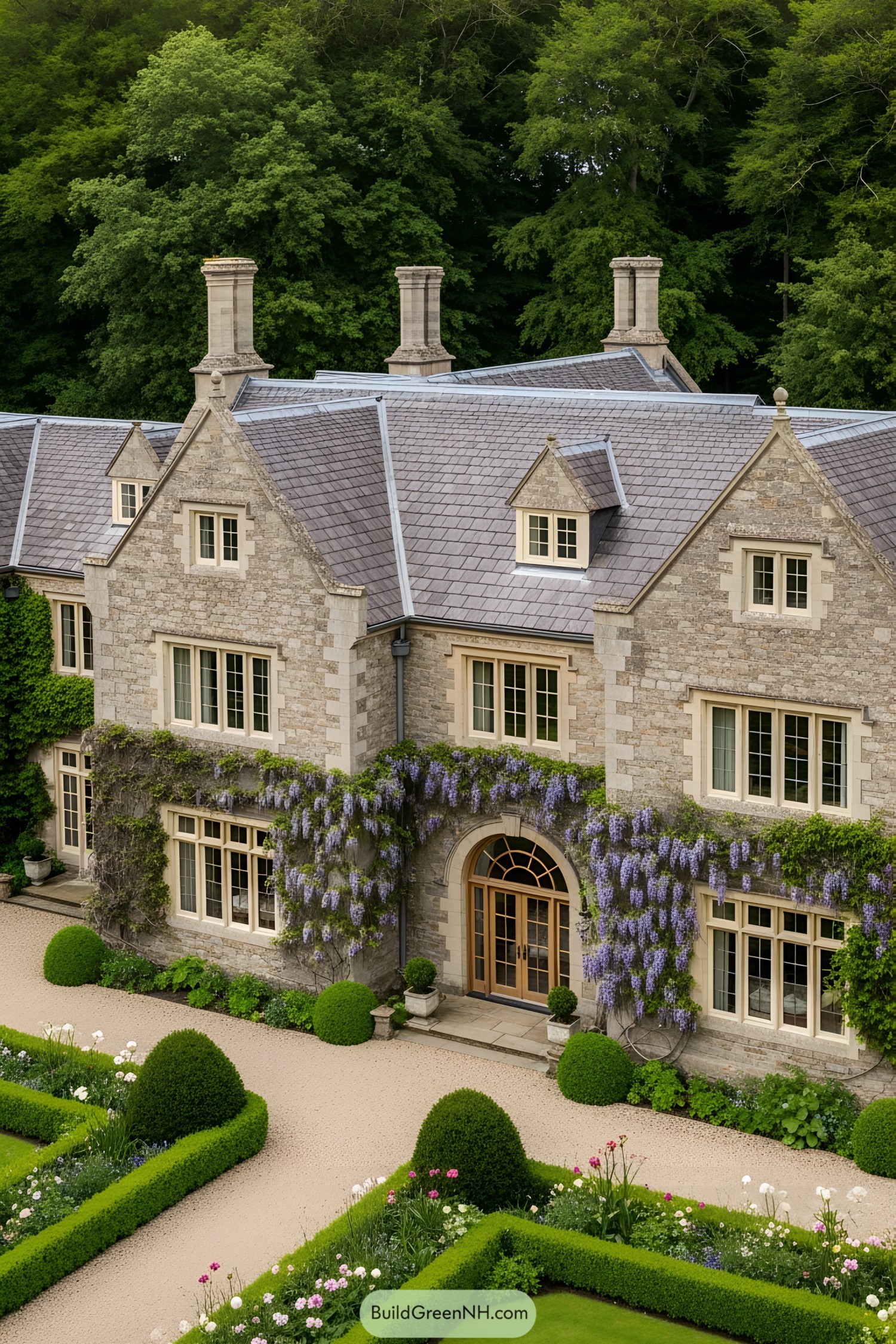Stone mansion with wisteria and manicured gardens