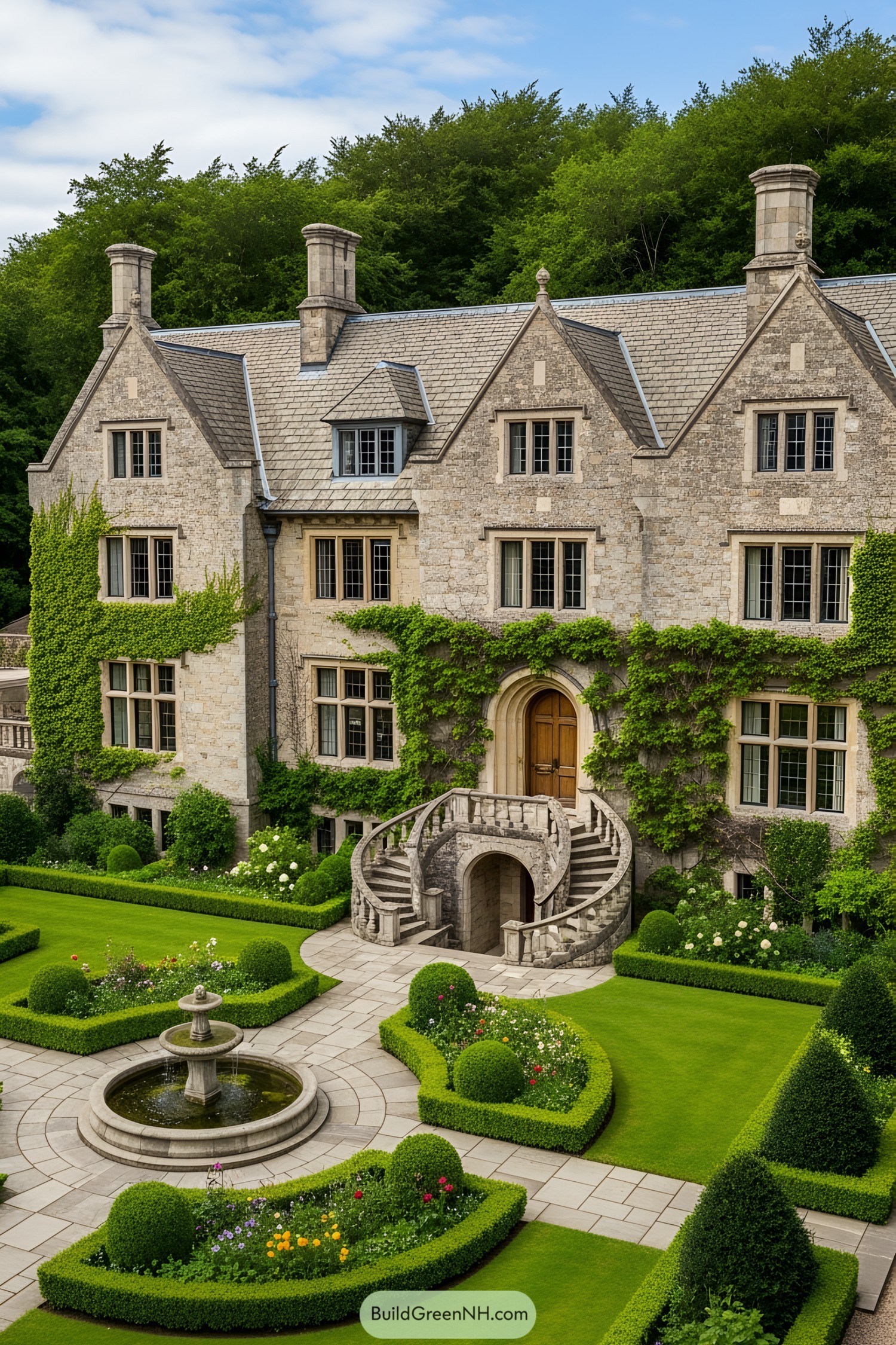 Grand stone mansion with ivy, nestled in a lush garden